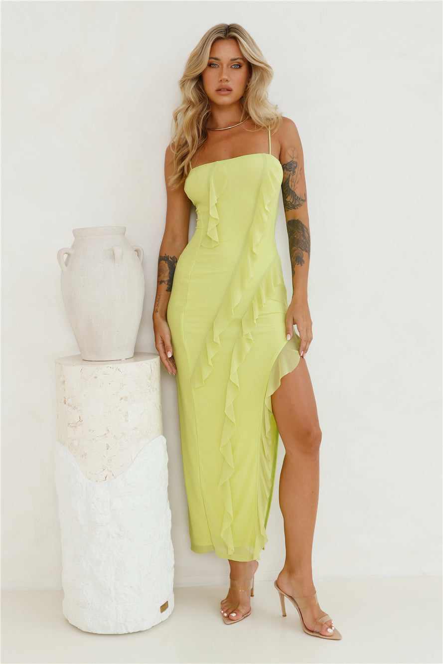 Gleaming Days Mesh Frill Maxi Dress Lime