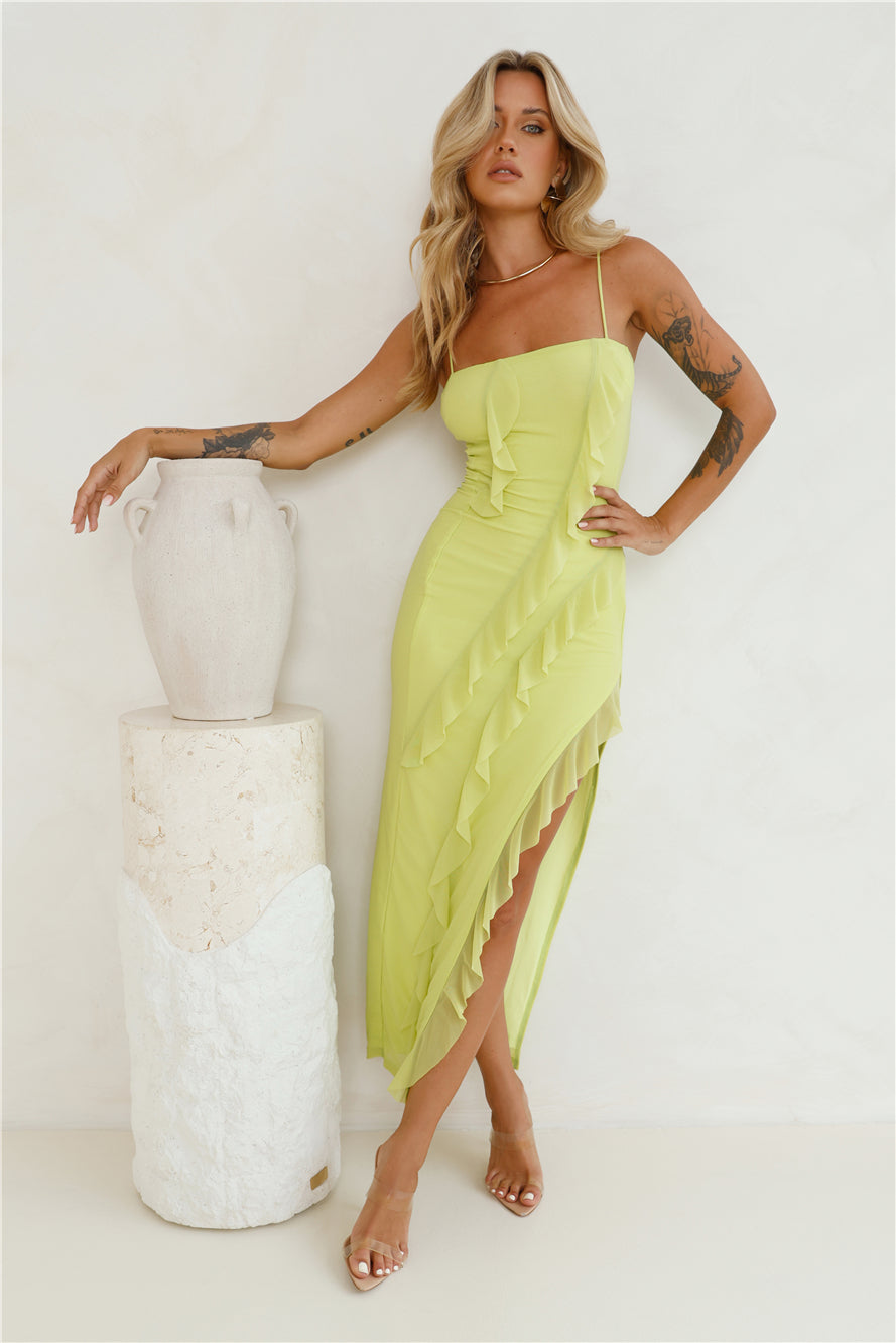 Gleaming Days Mesh Frill Maxi Dress Lime