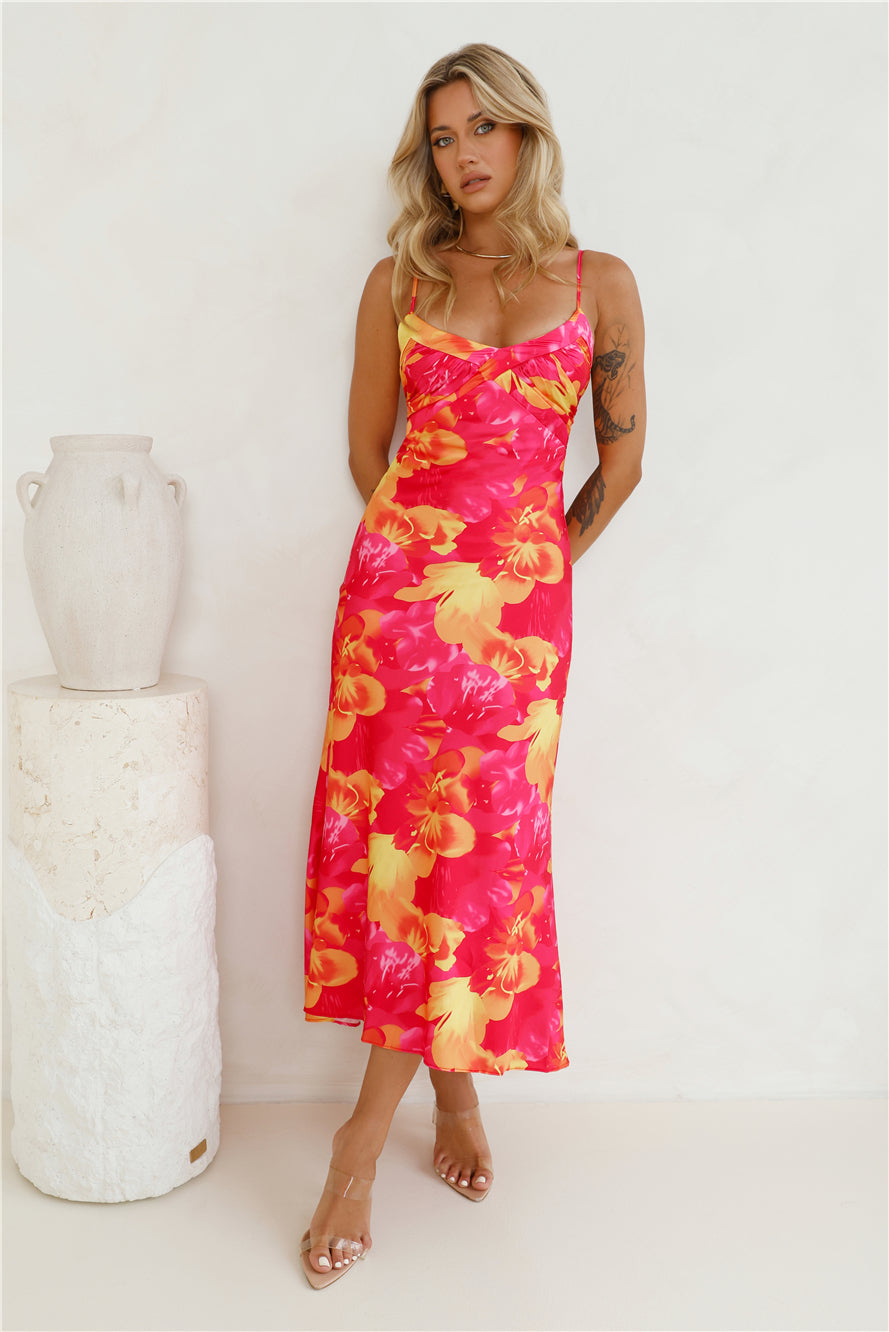 Strawberry Summer Satin Maxi Dress Pink