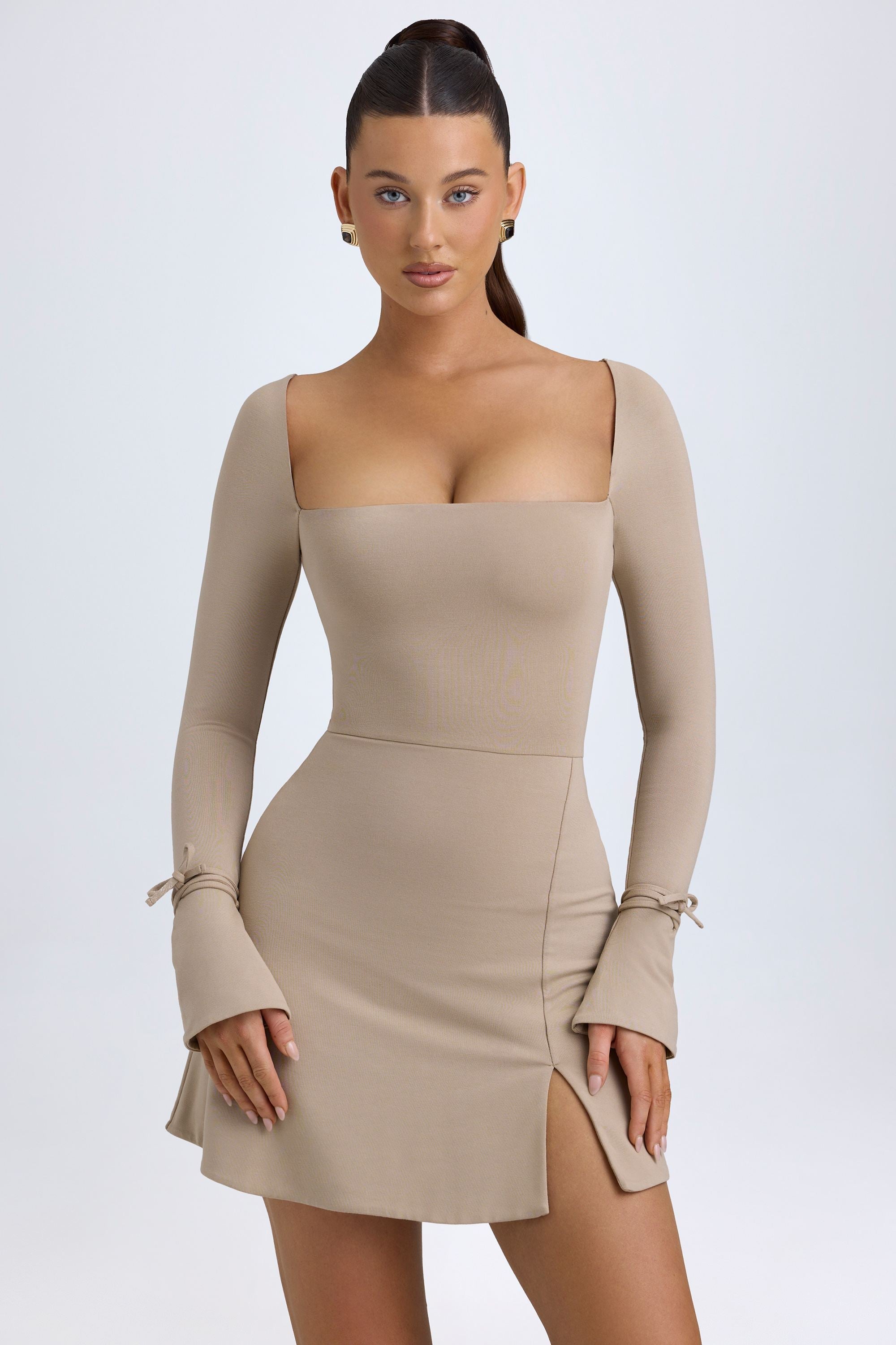 Square Neck Long Sleeve Mini Dress in Taupe