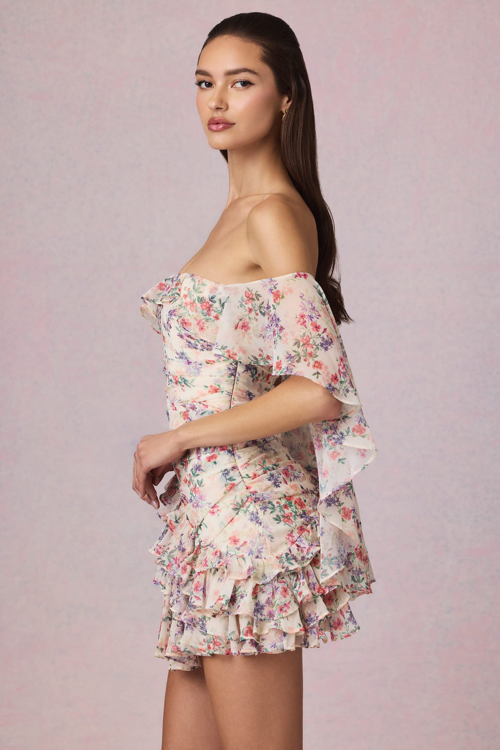 Off-Shoulder Ruffled Mini Dress in Primrose Floral Print