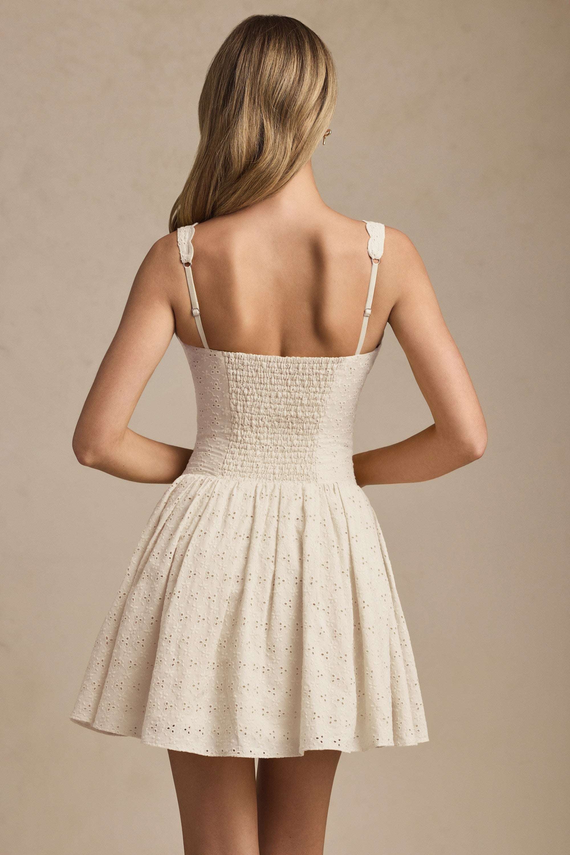 Broderie Anglaise Bow-Detail A-Line Mini Dress in Ivory