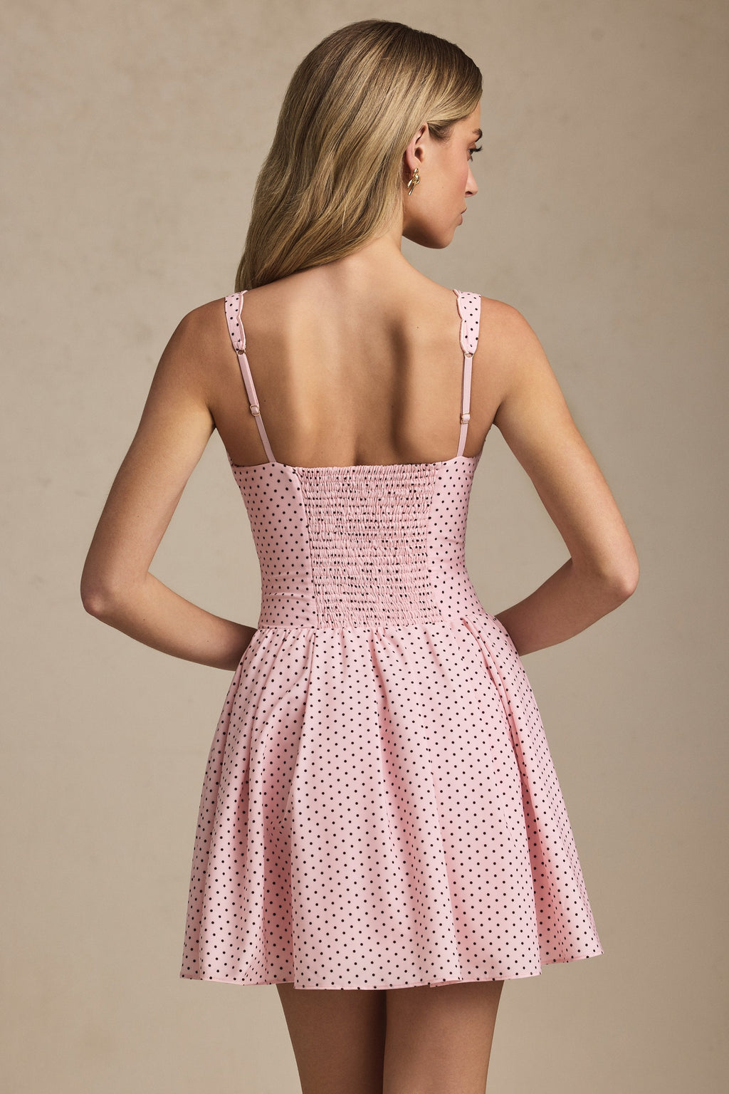 Bow-Detail A-Line Mini Dress in Pink Polka Dot