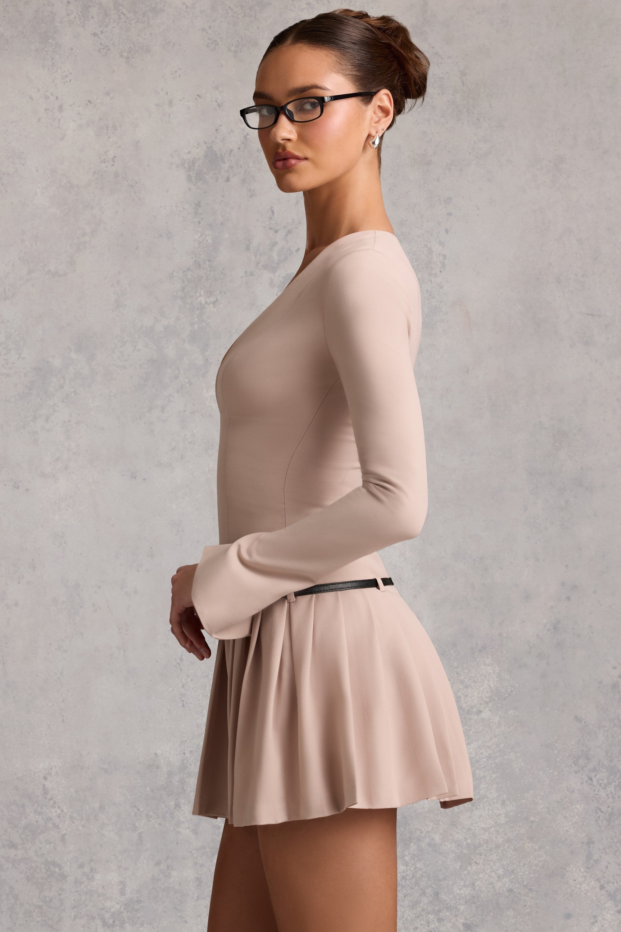 Long-Sleeve Pleated Mini Dress in Mushroom