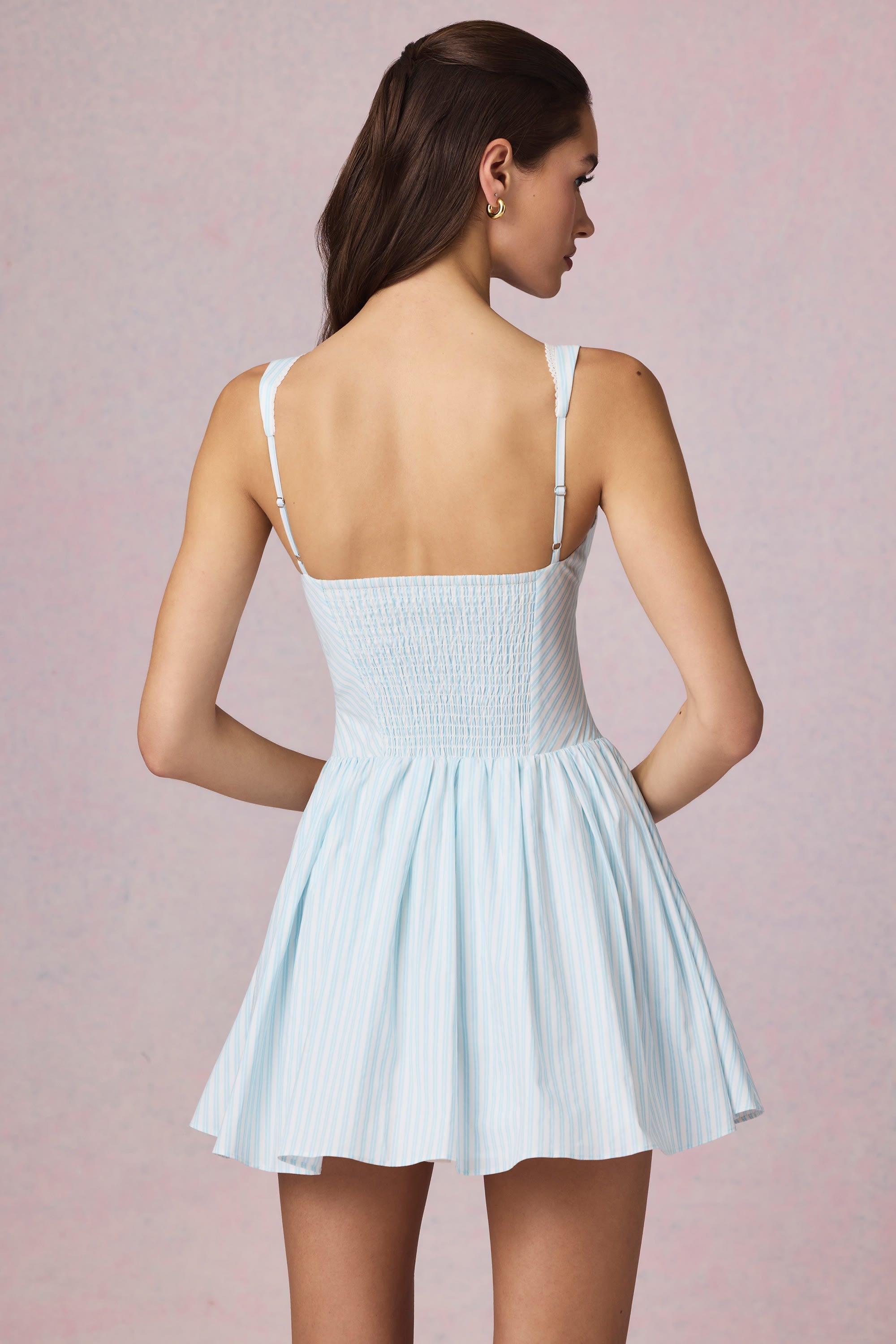 Bow-Detail A-Line Mini Dress in Powder Blue Stripe