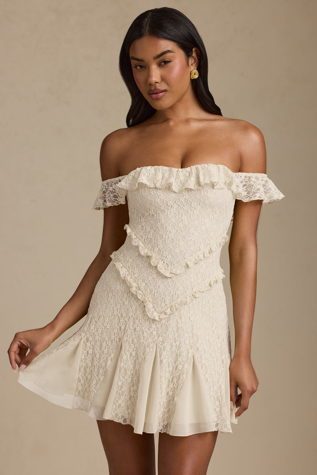 Off-Shoulder Lace A-Line Mini Dress in Ivory