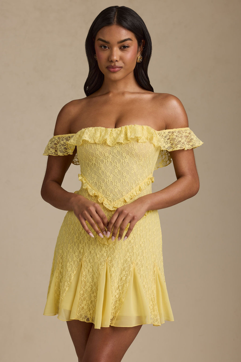Off-Shoulder Lace A-Line Mini Dress in Pastel Yellow