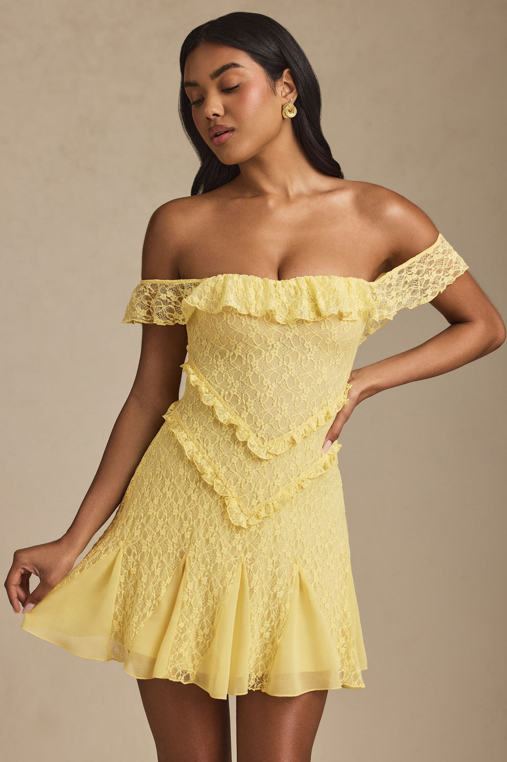 Off-Shoulder Lace A-Line Mini Dress in Pastel Yellow