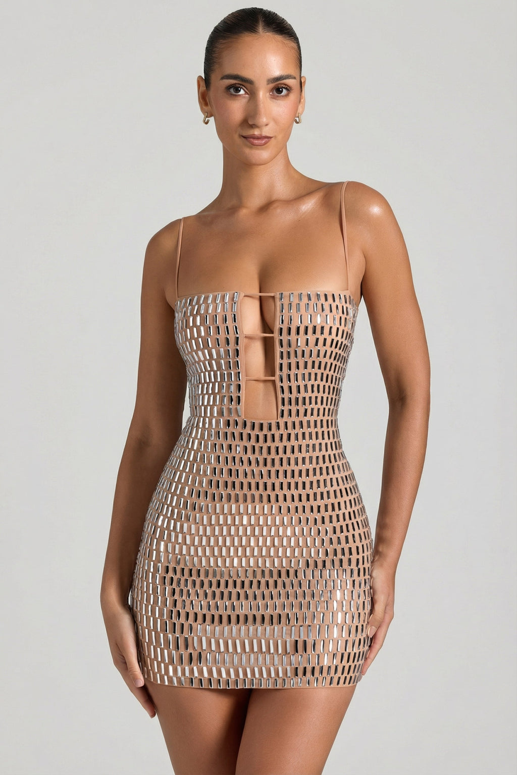 Embellished Cut-Out Mini Dress in Honey