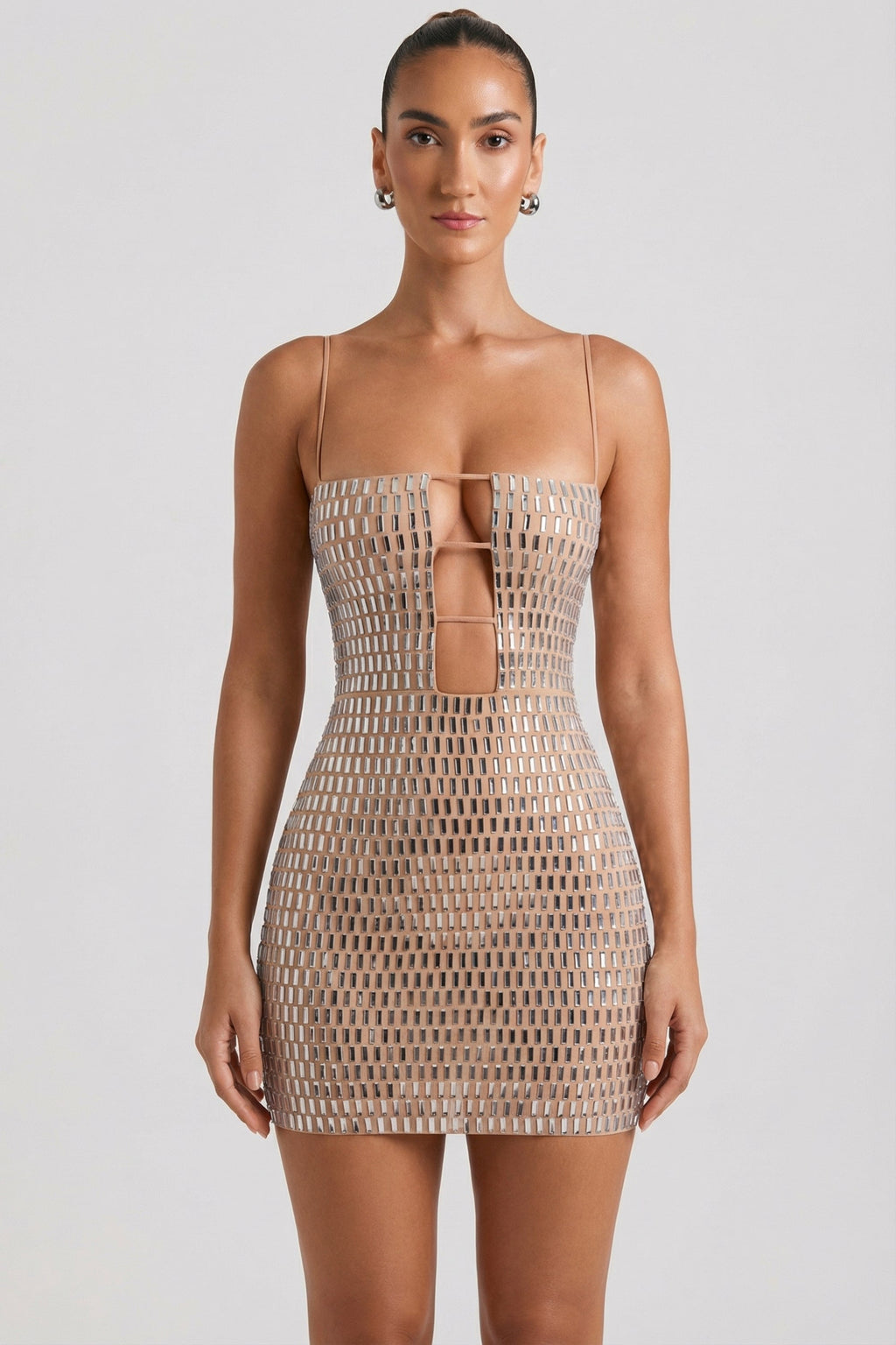 Embellished Cut-Out Mini Dress in Honey