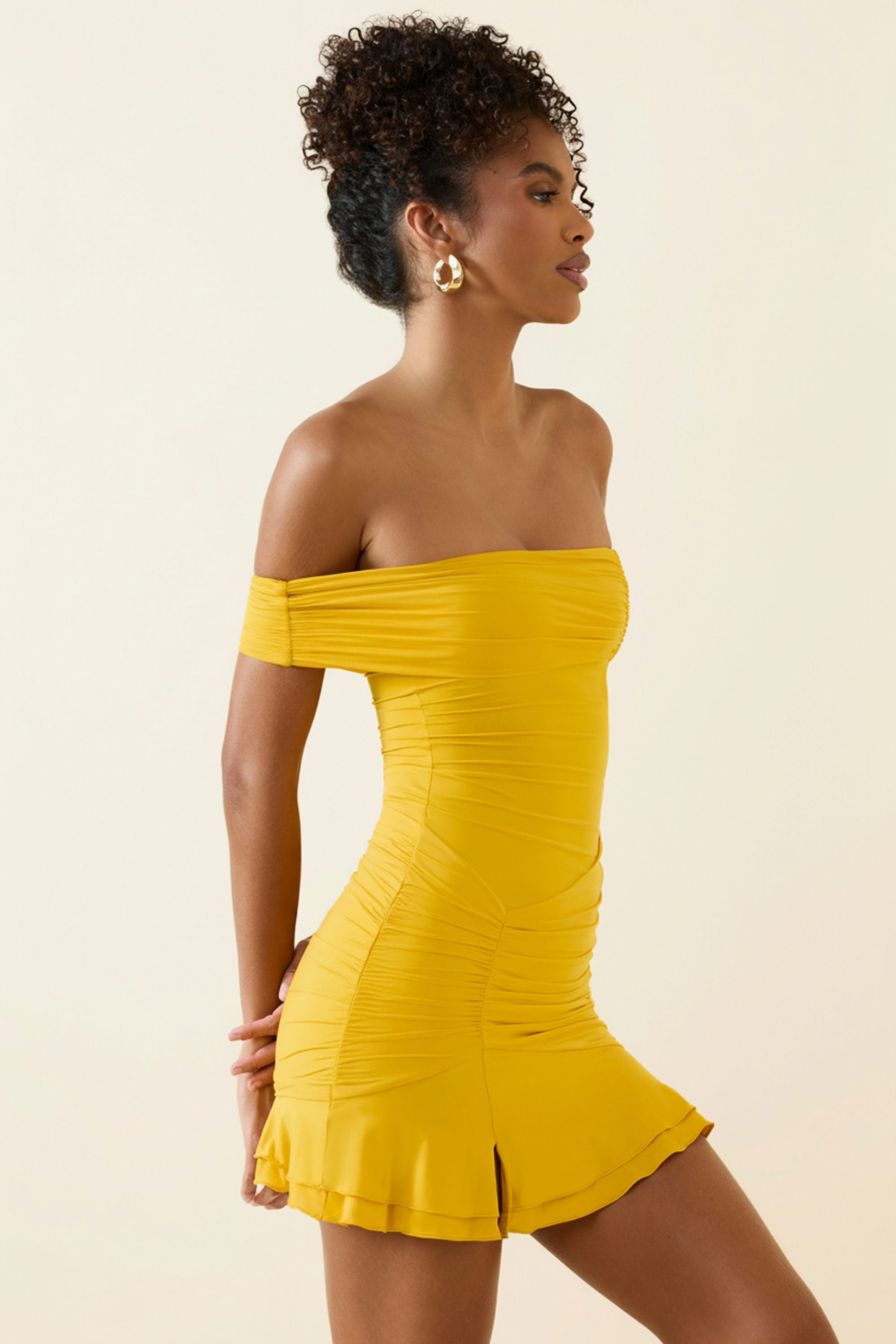 Asymmetric Ruched One-Shoulder Mini Dress in Golden Yellow