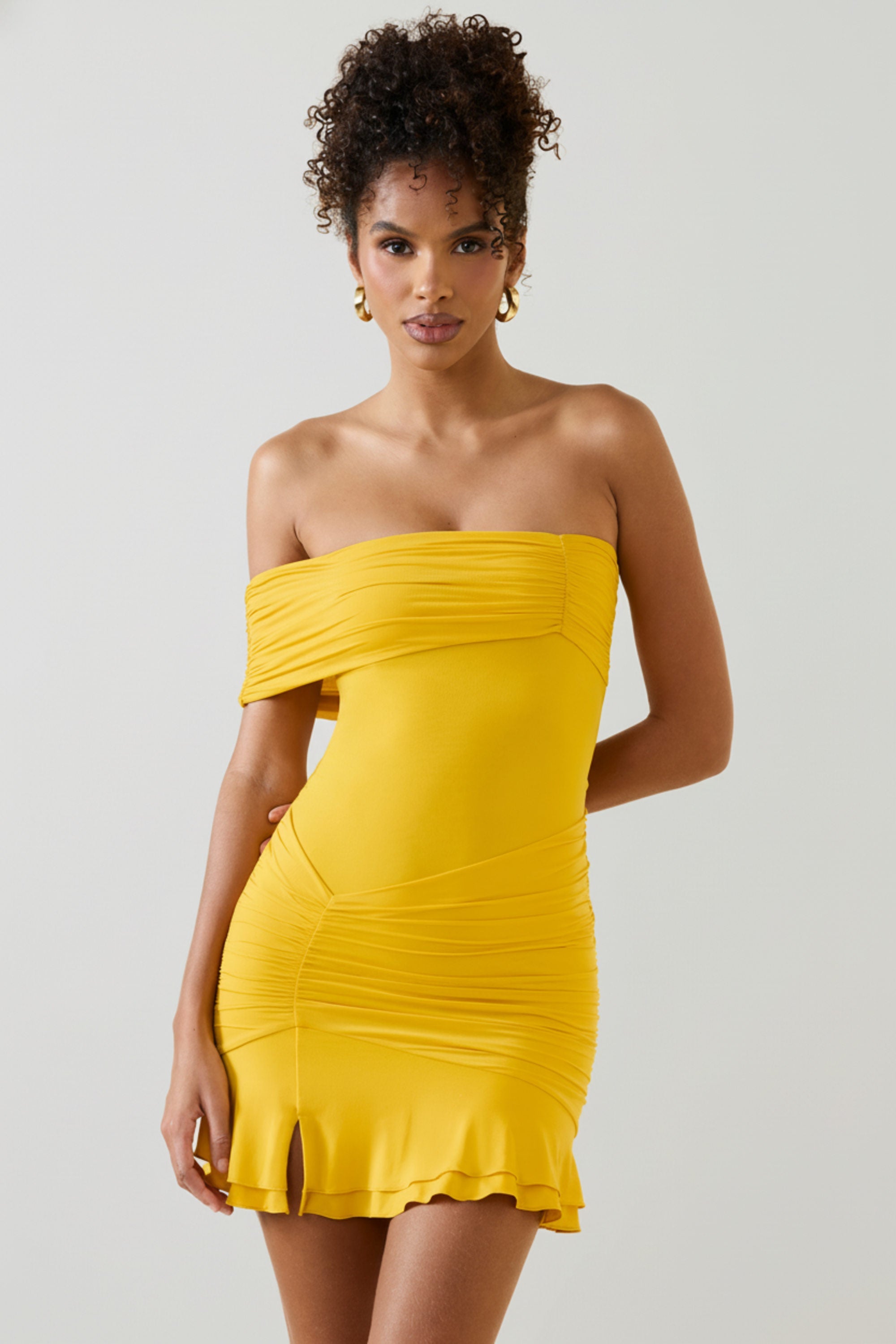 Asymmetric Ruched One-Shoulder Mini Dress in Golden Yellow