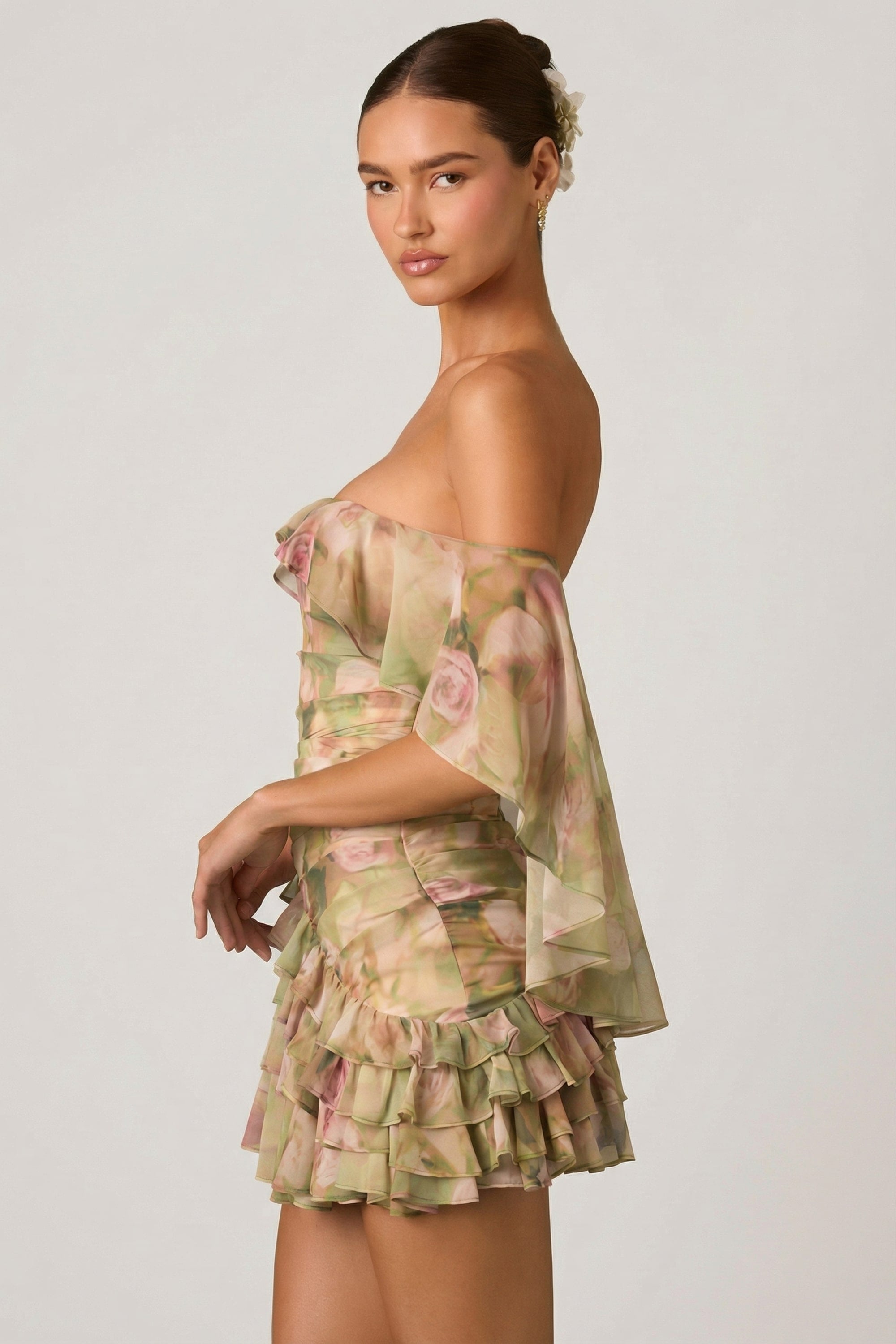 Off-Shoulder Ruffled Mini Dress in Floral Multi Print