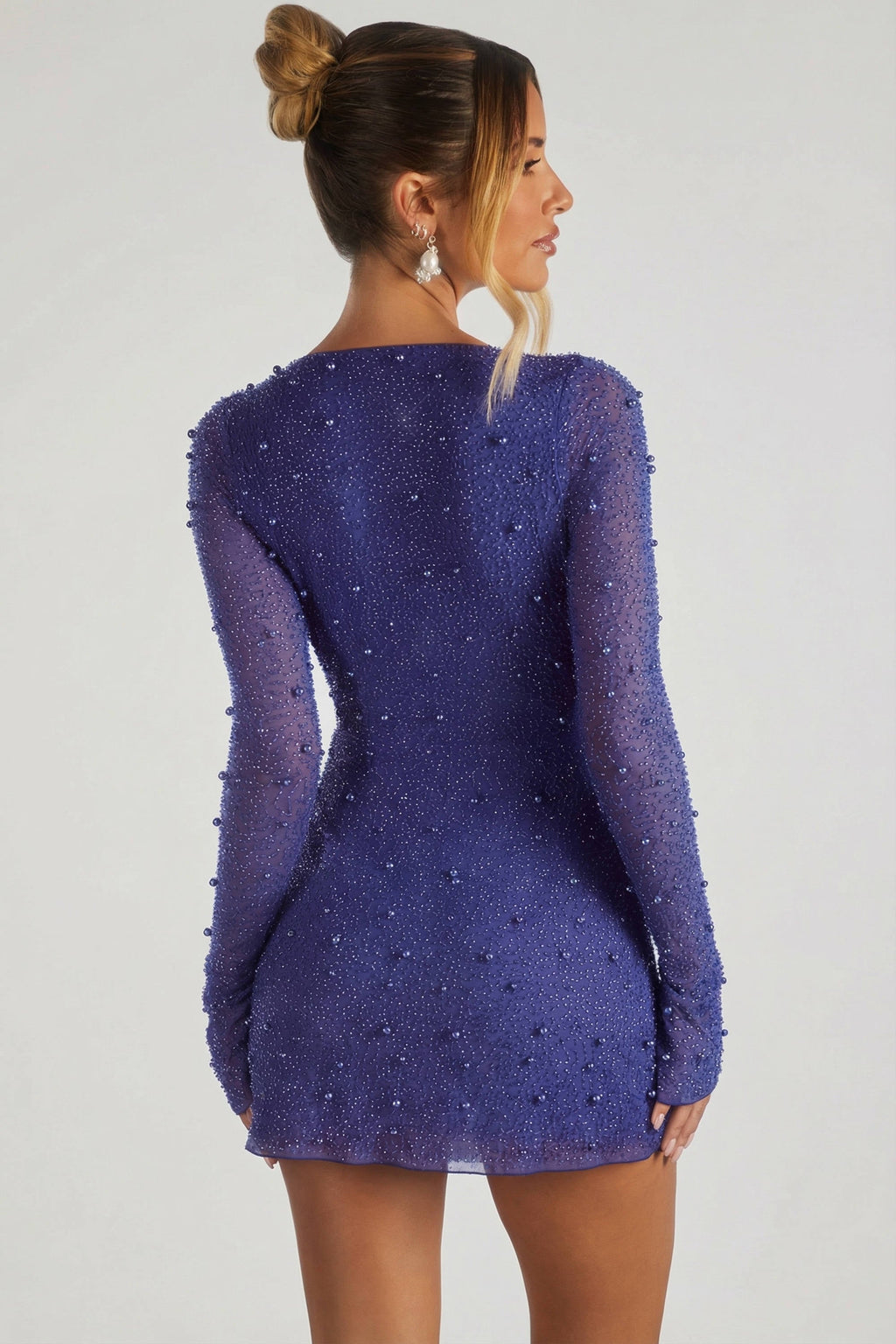 Embellished Wrap Over A-Line Mini Dress in Dark Blue