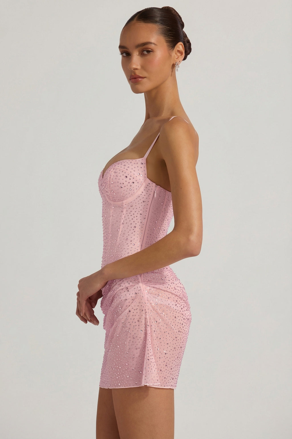 Semi-Sheer Embellished Draped Corset Mini Dress in Pink