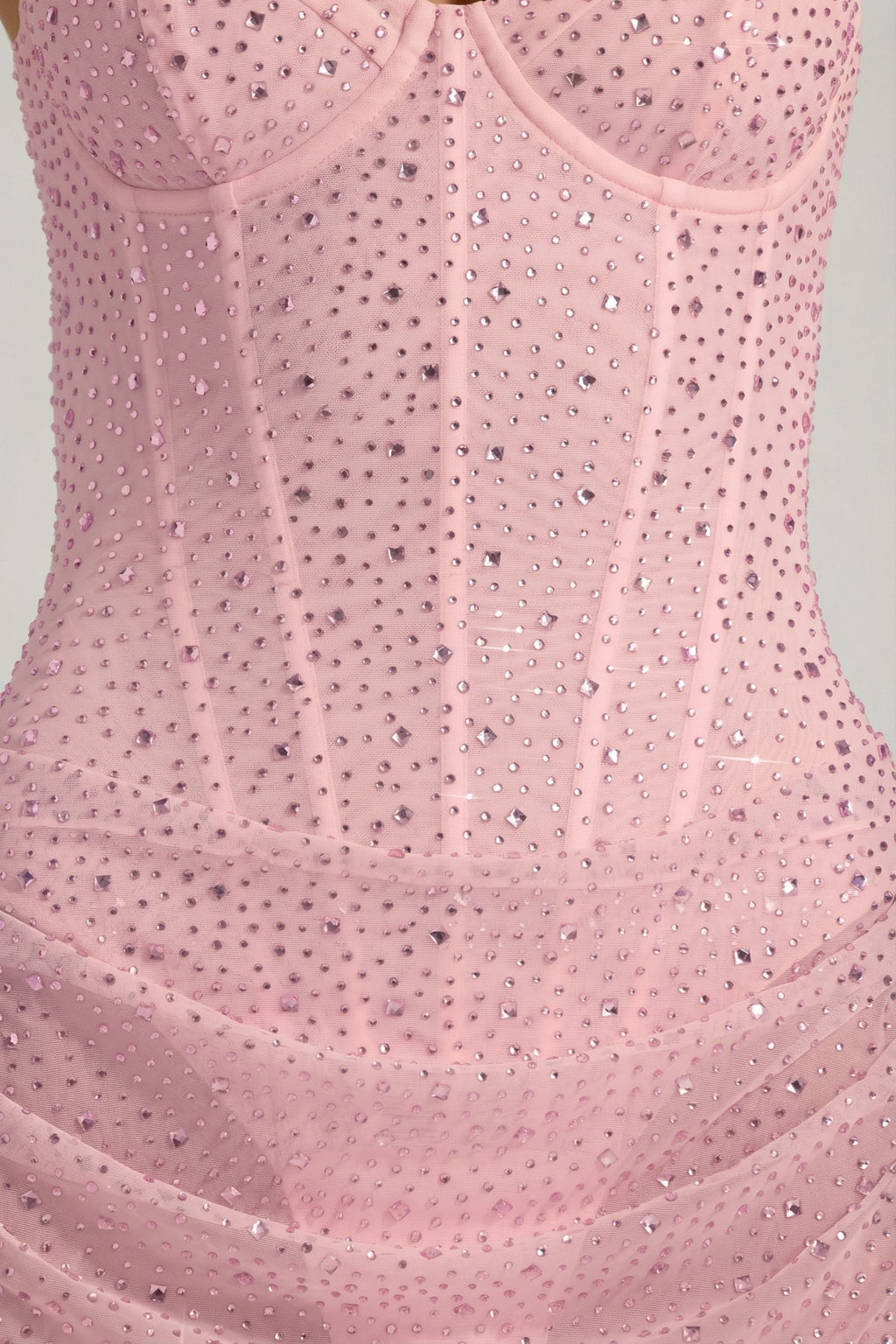 Semi-Sheer Embellished Draped Corset Mini Dress in Pink