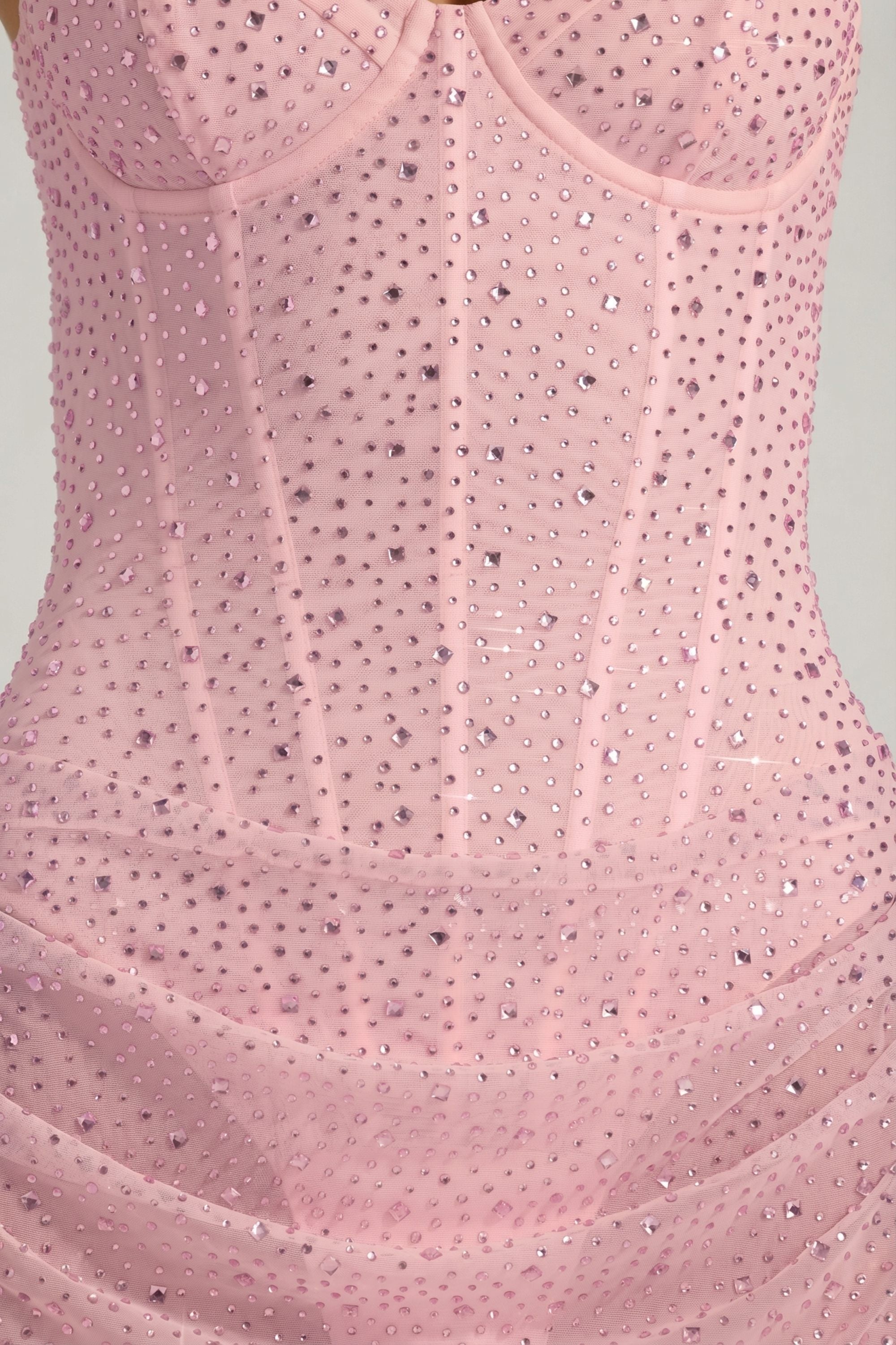 Semi-Sheer Embellished Draped Corset Mini Dress in Pink