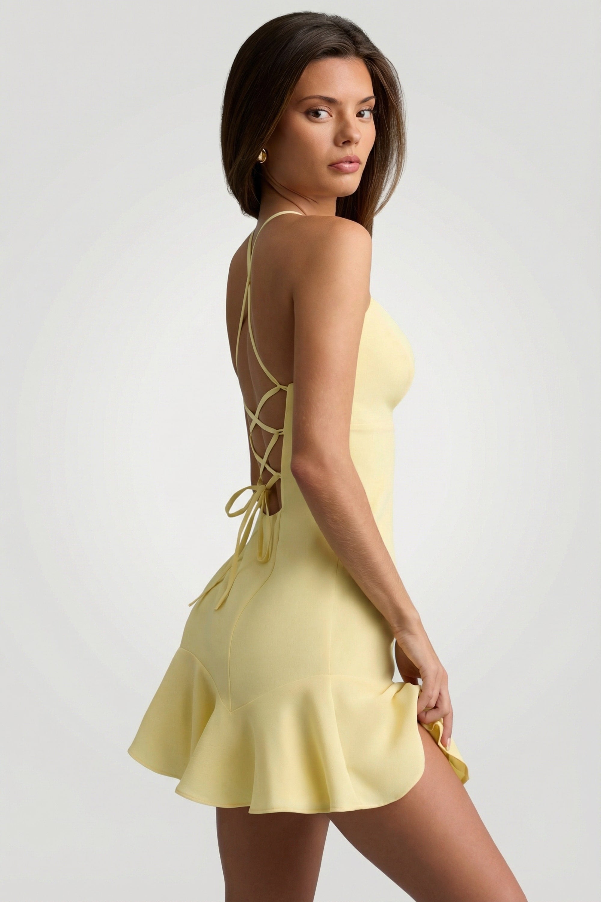Drop-Waist Lace-Up Mini Dress in Yellow