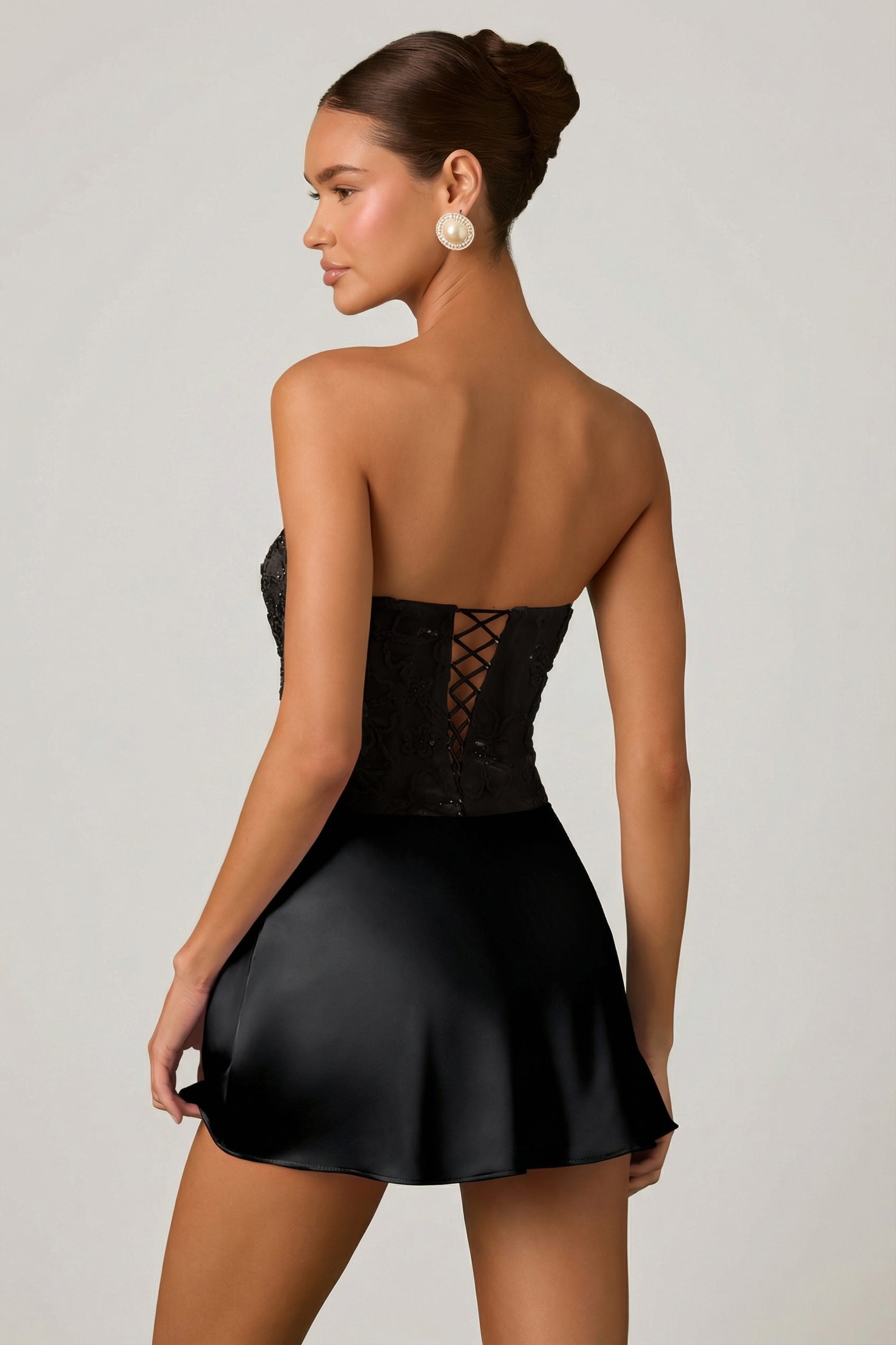 Embellished Draped Strapless A-Line Mini Dress in Black