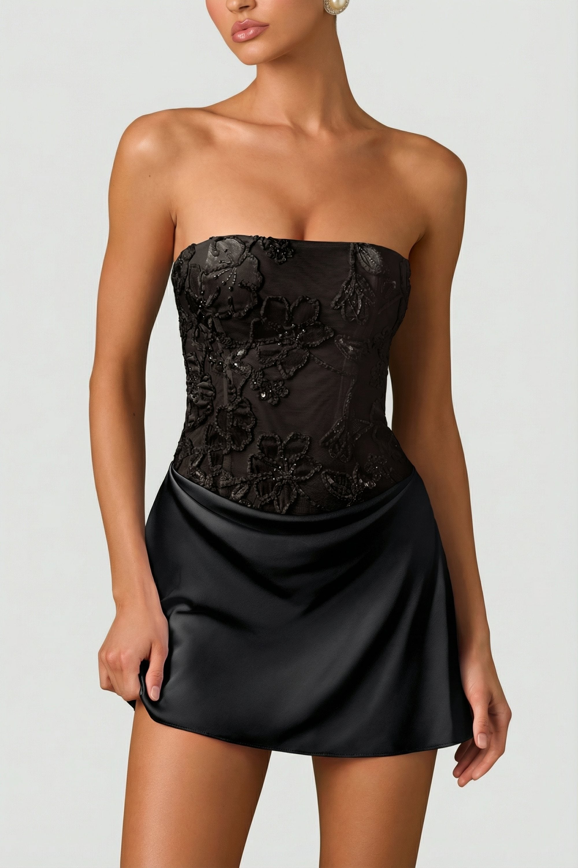 Embellished Draped Strapless A-Line Mini Dress in Black