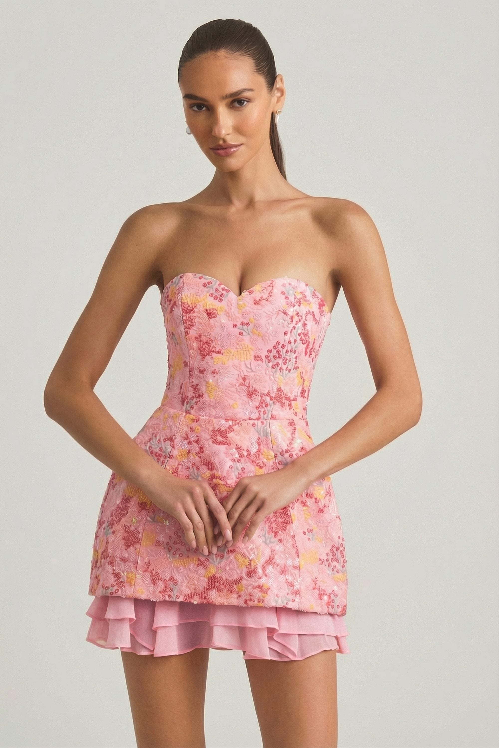 Embellished Strapless Corset Mini Dress in Pink