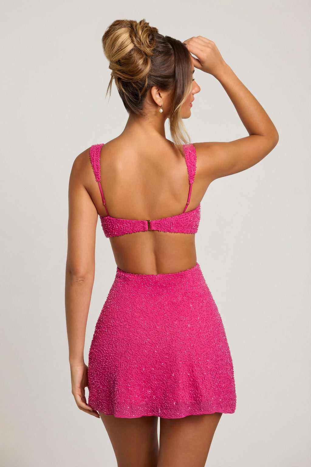 Embellished Cut Out Mini Dress in Fuschia