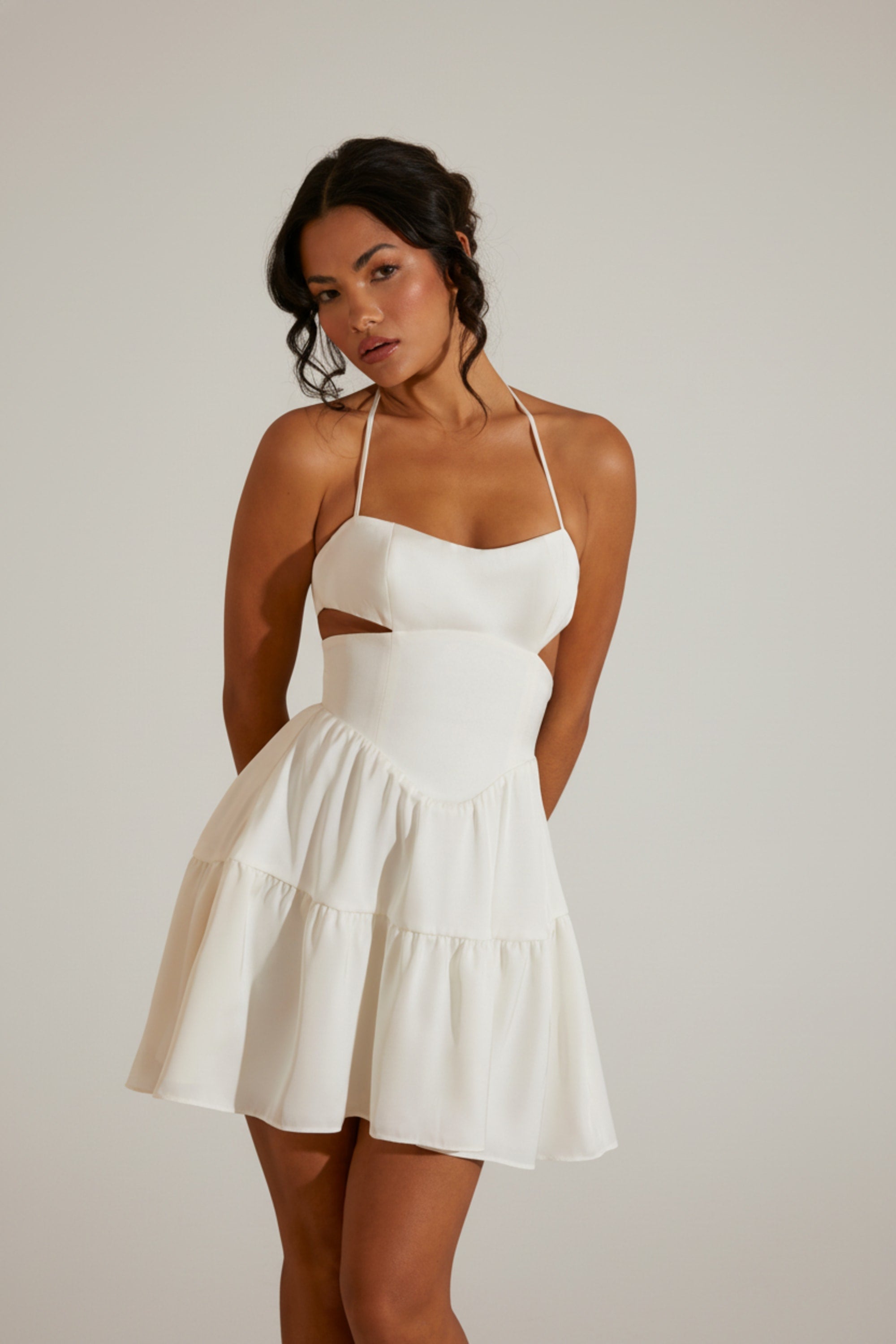 Halter Neck Cut Out Mini Dress in White