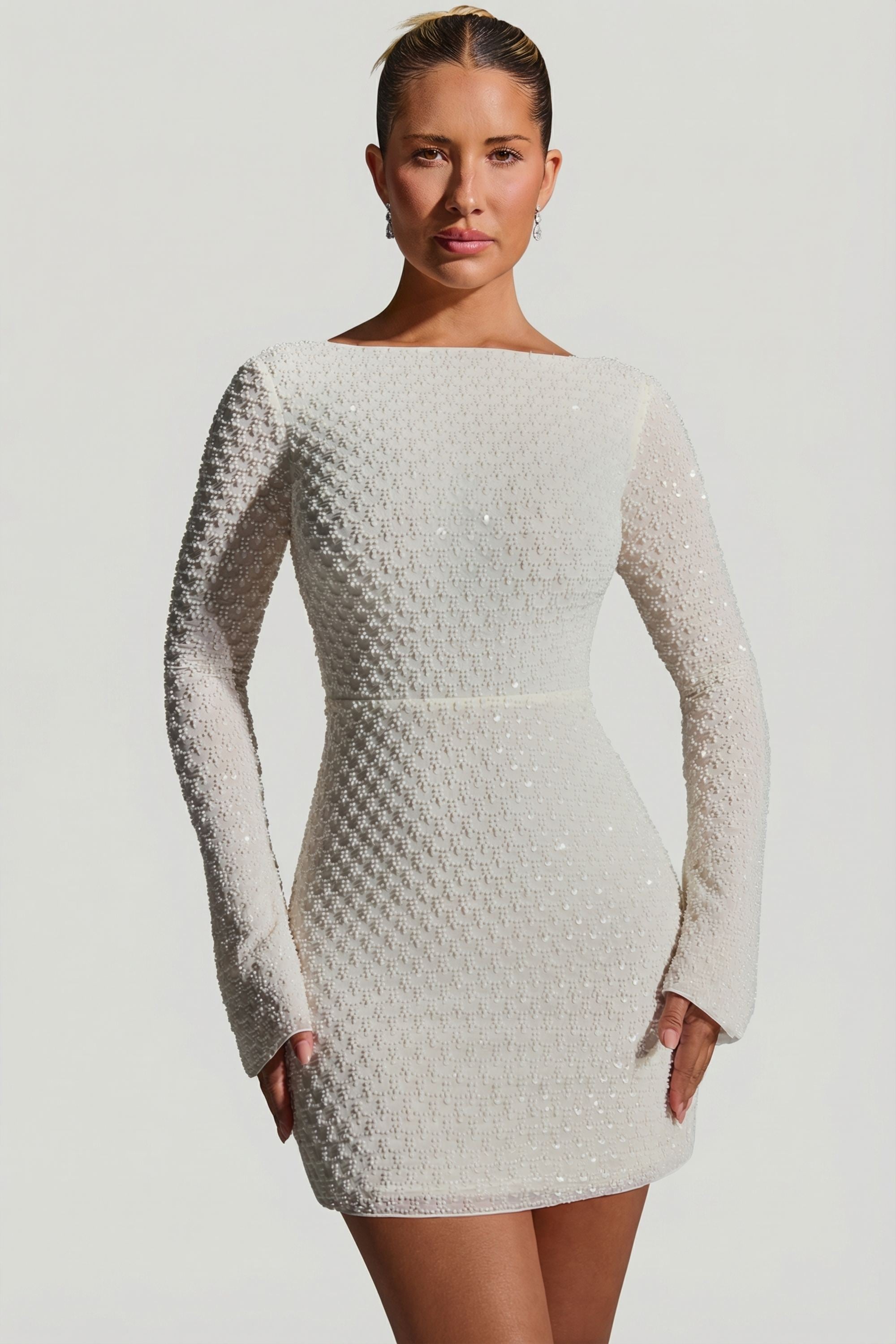 Embellished Open-Back A-Line Mini Dress in White