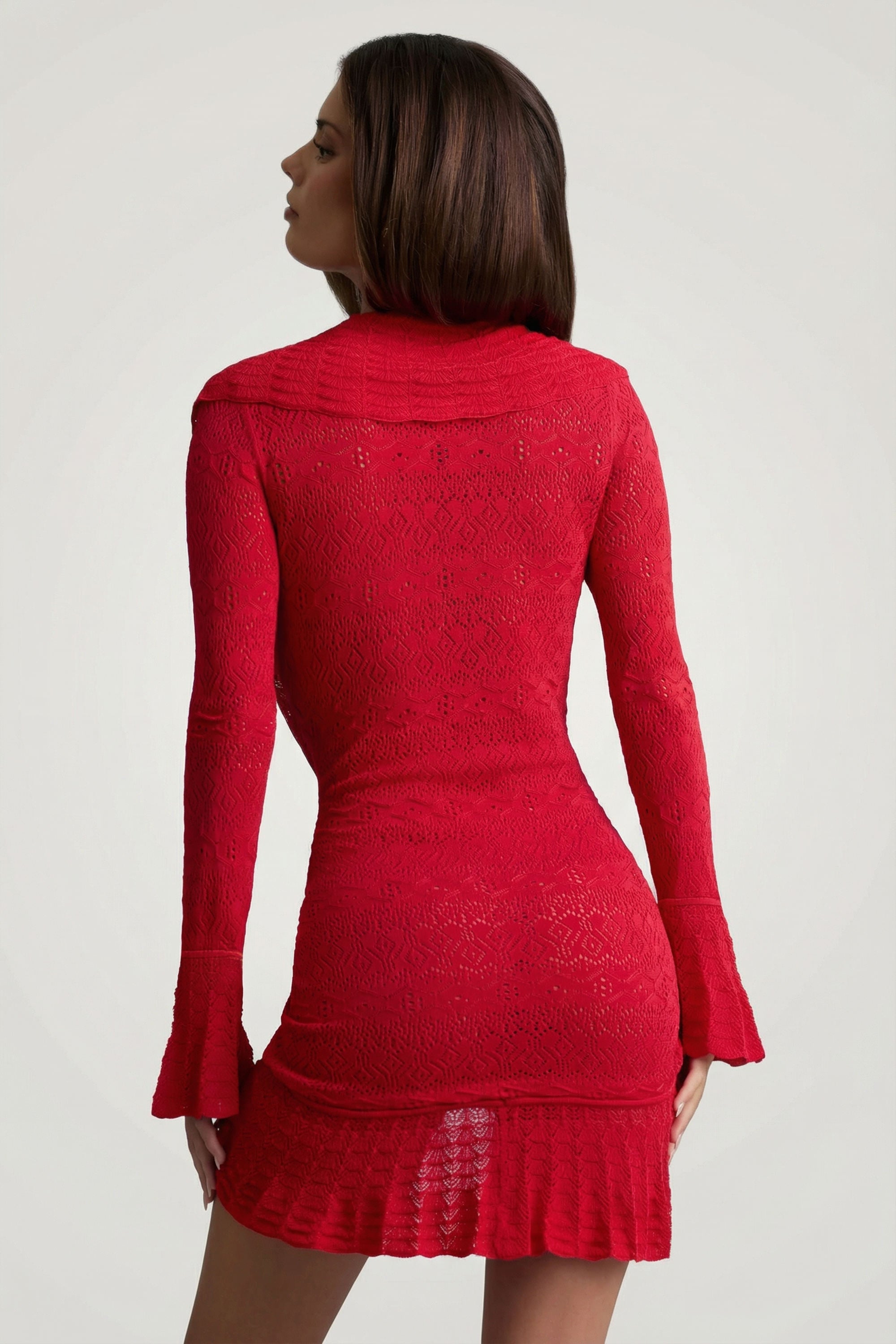 Ruffle-Trim Pointelle-Knit Mini Dress in Scarlet Red