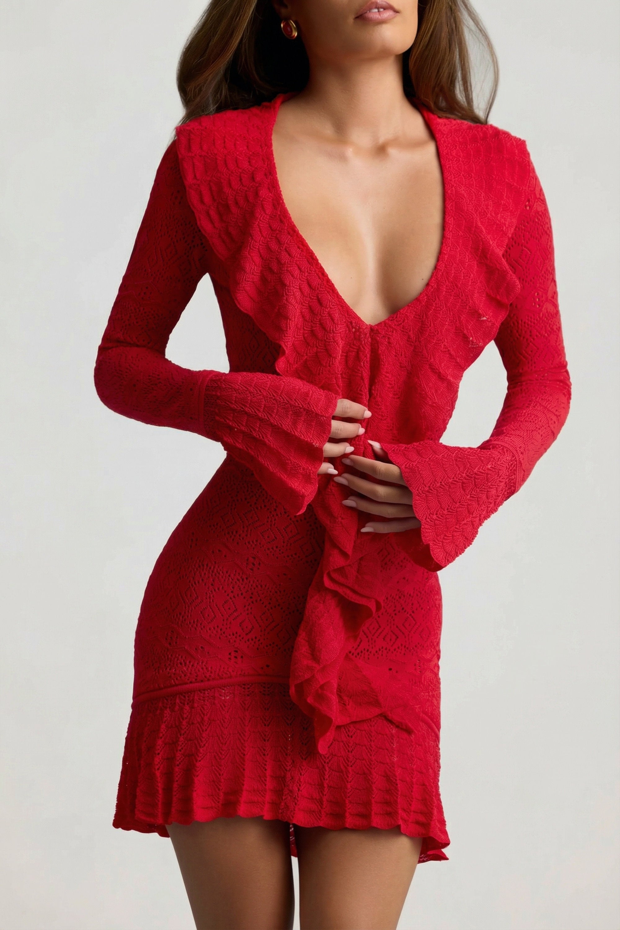 Ruffle-Trim Pointelle-Knit Mini Dress in Scarlet Red