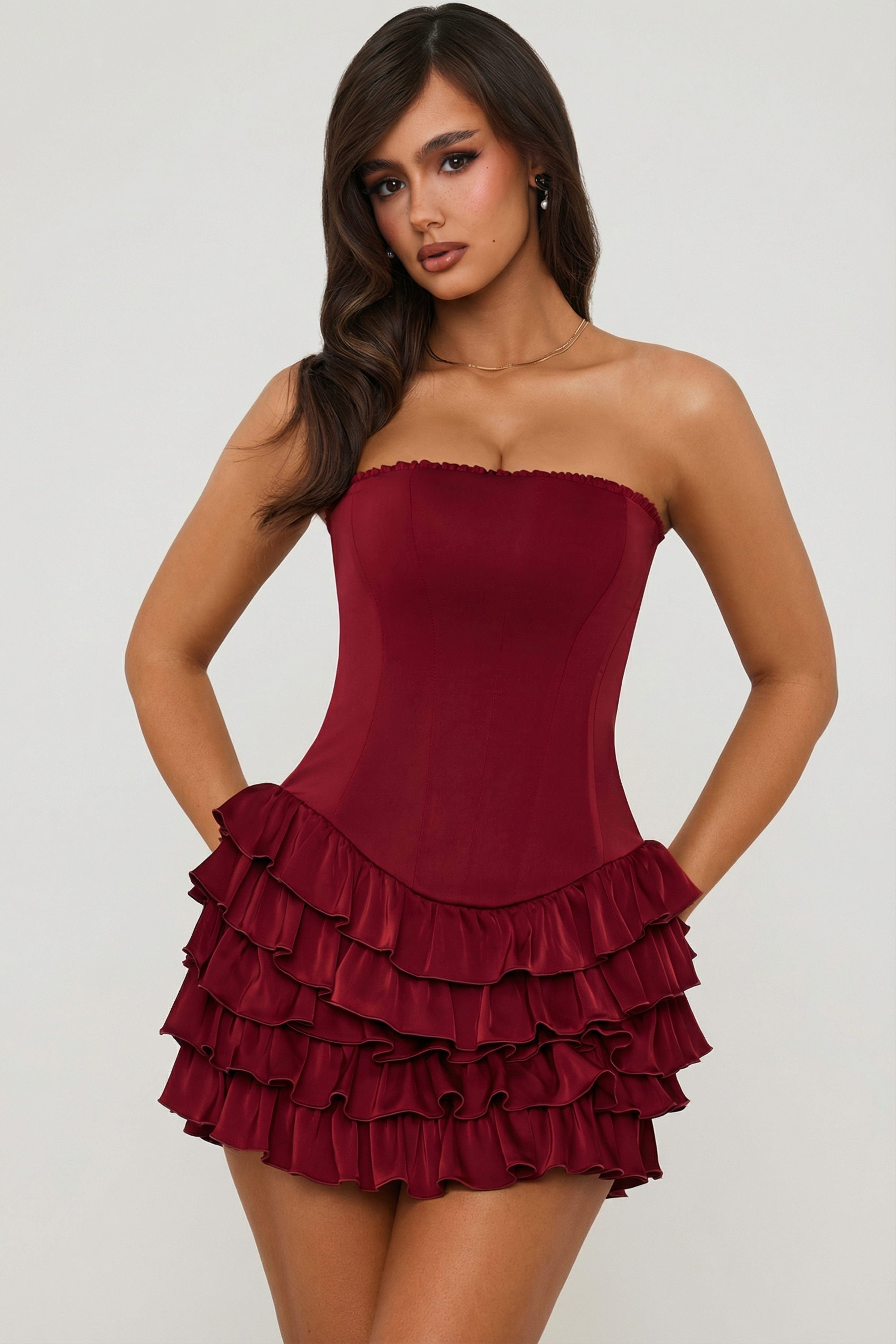 Bandeau Ruffled Tiered Corset Mini Dress in Berry Red