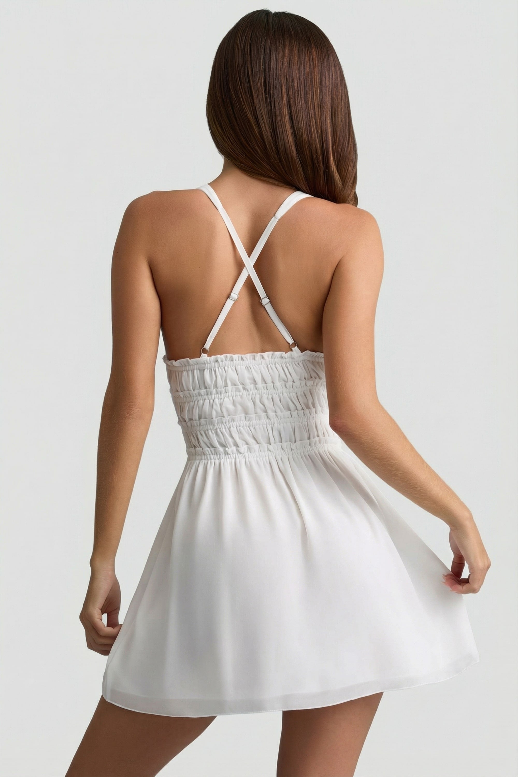 Plunge Cross-Back Mini Dress in White