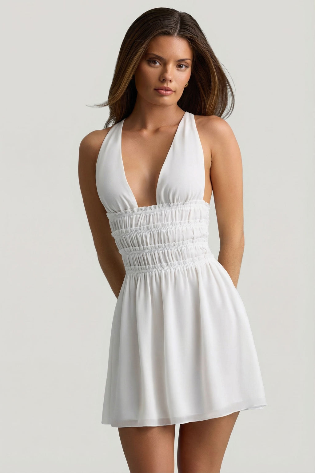 Plunge Cross-Back Mini Dress in White