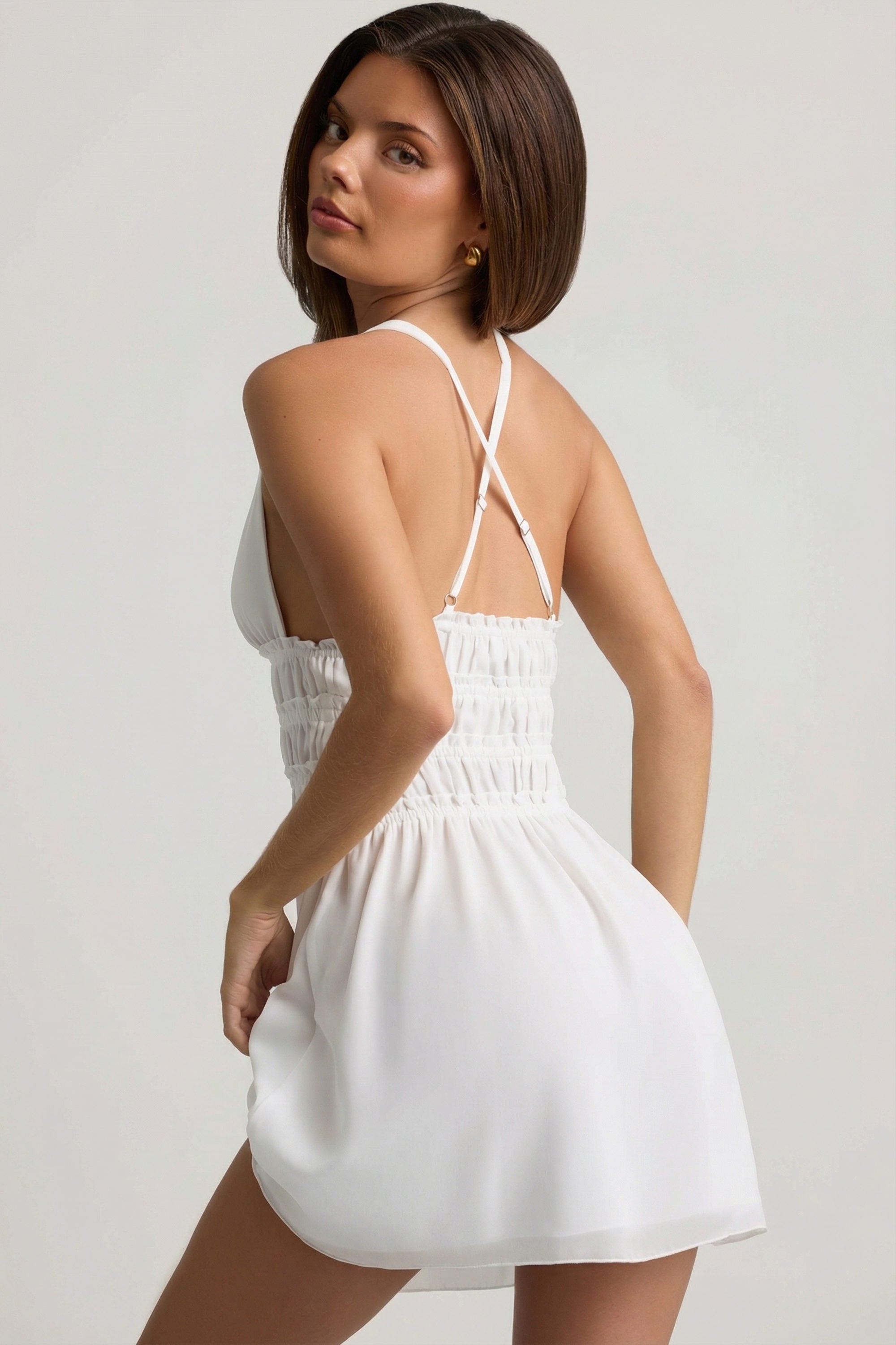 Plunge Cross-Back Mini Dress in White