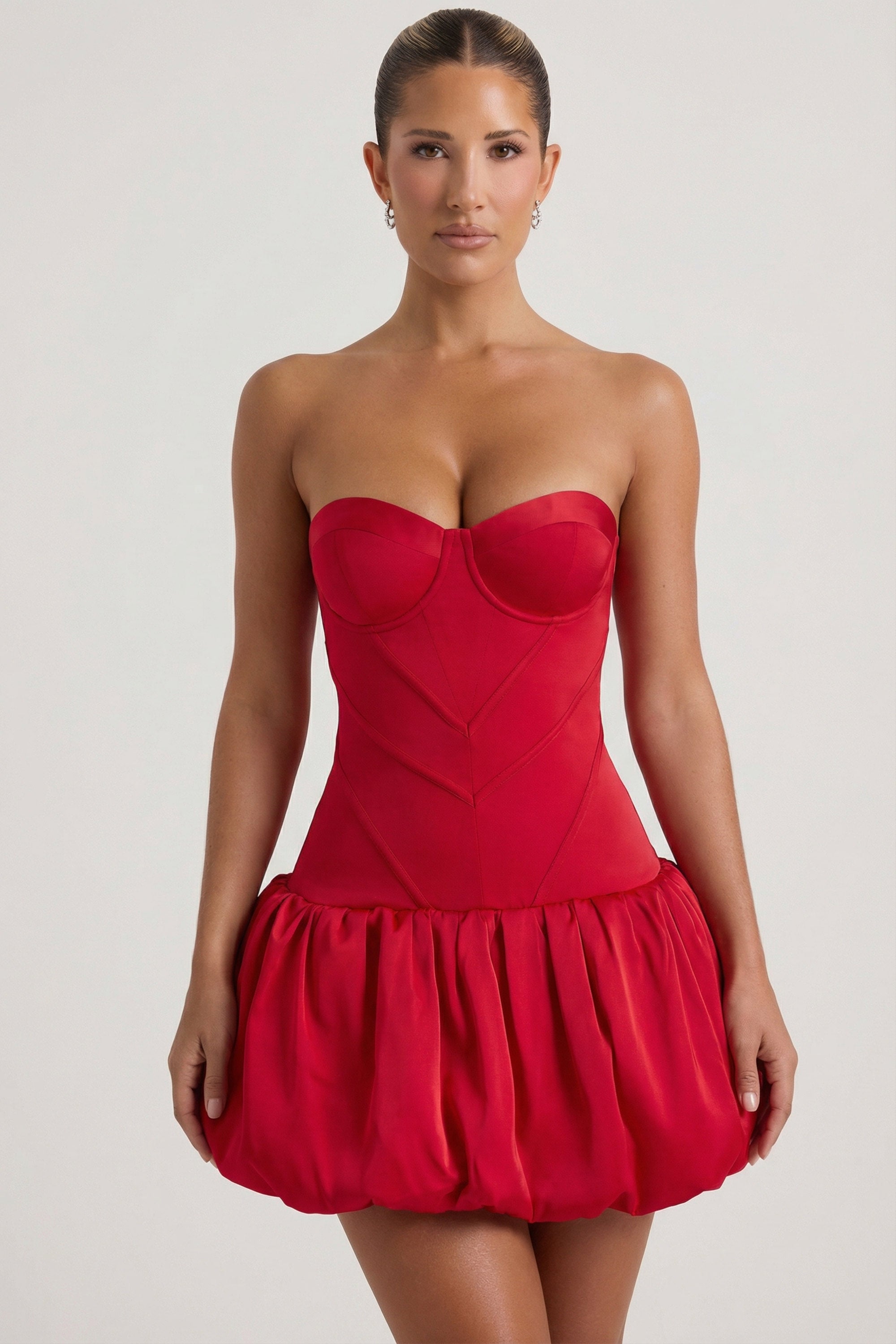 Cut-Out Bubble Hem Corset Mini Dress in Red