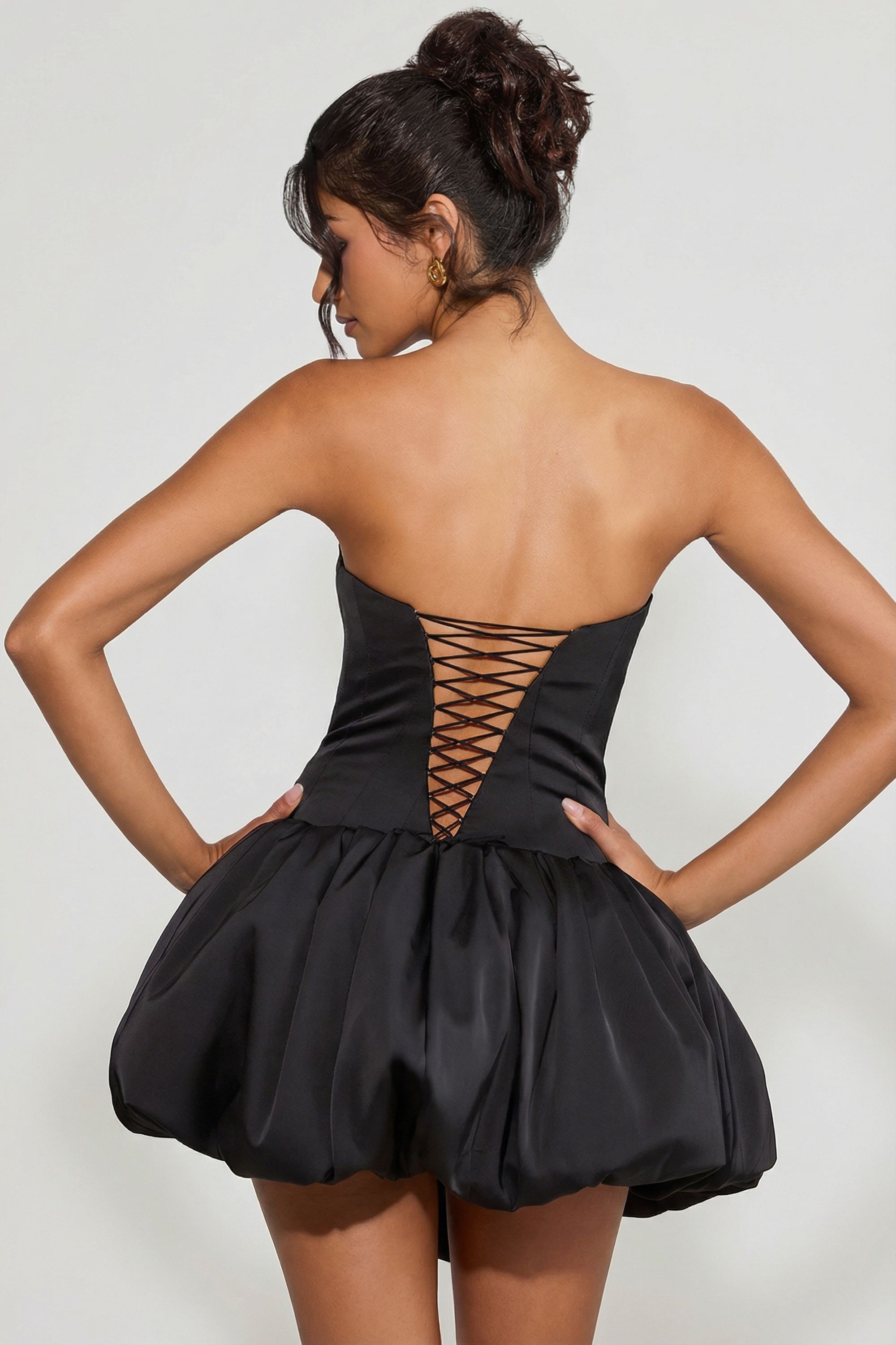 Lace-Up Bubble Hem Corset Micro Mini Dress in Black
