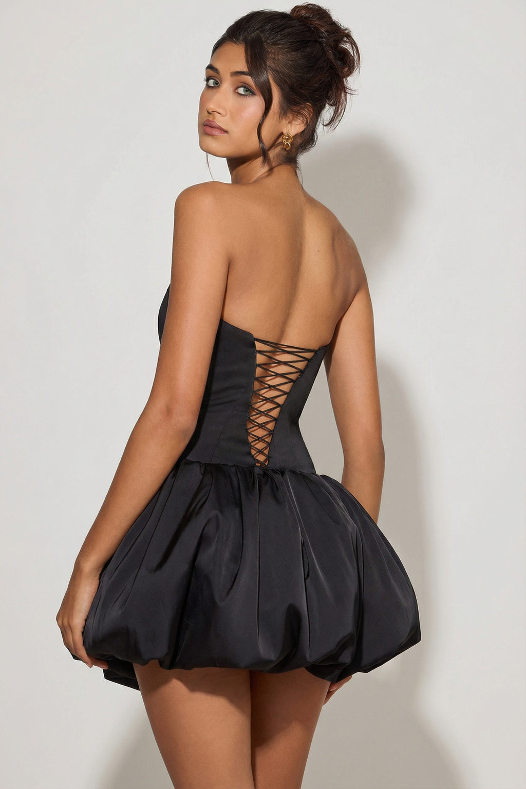 Lace-Up Bubble Hem Corset Micro Mini Dress in Black