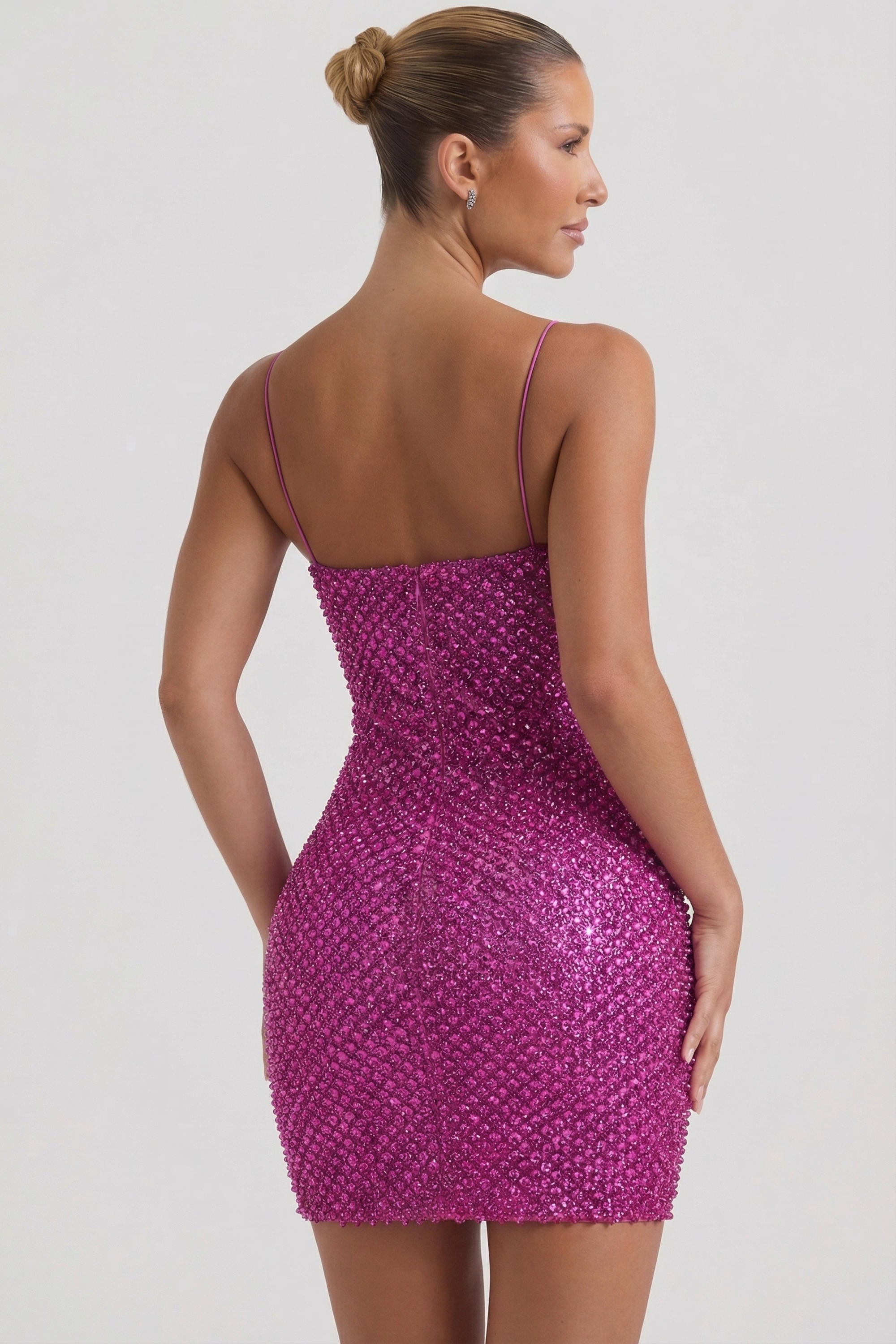 Embellished Sweetheart-Neck Mini Dress in Magenta