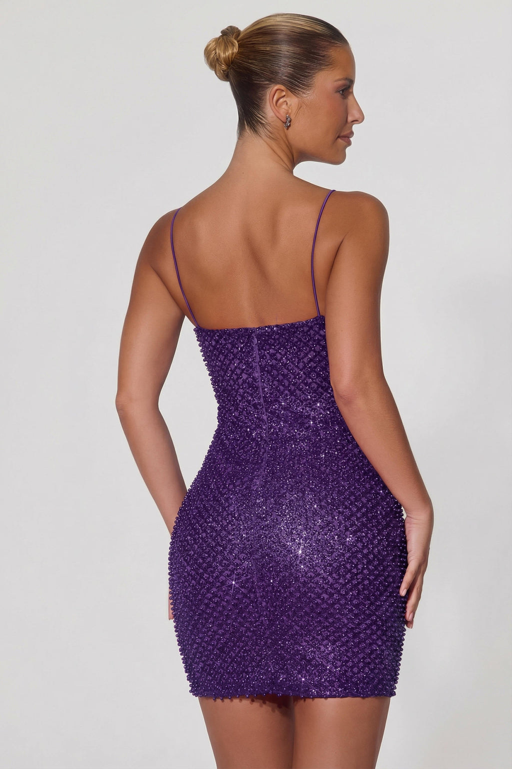 Embellished Sweetheart-Neck Mini Dress in Purple