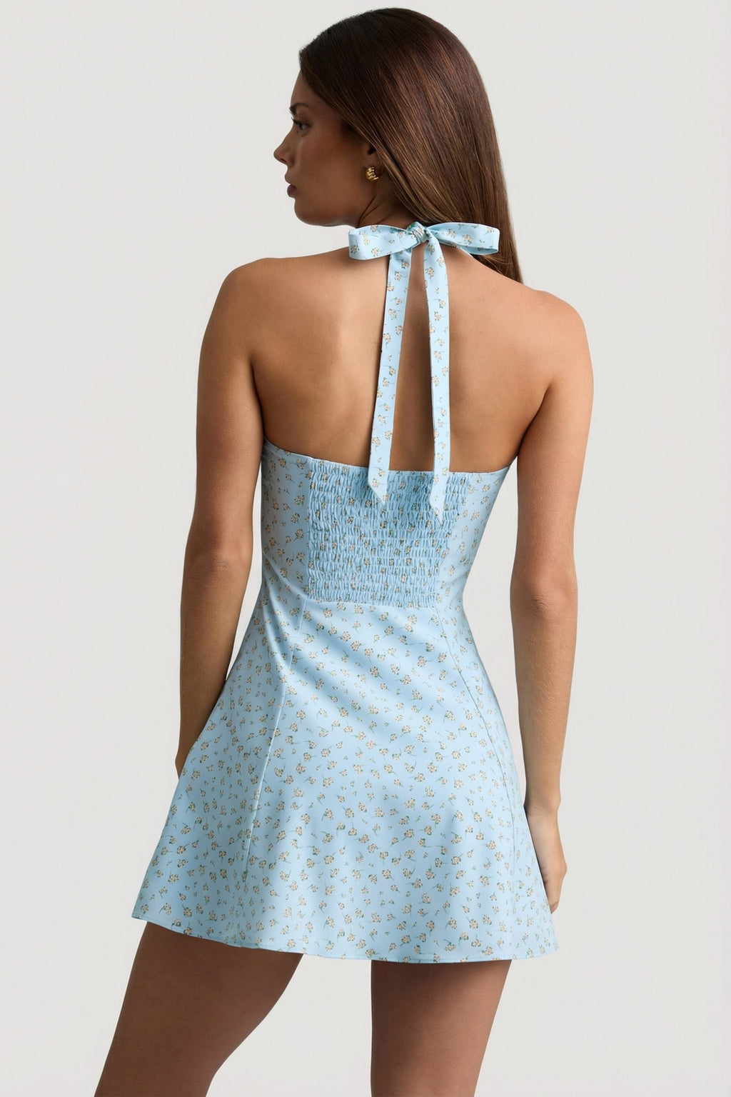 Halterneck A-Line Mini Dress in Blue Flower Print