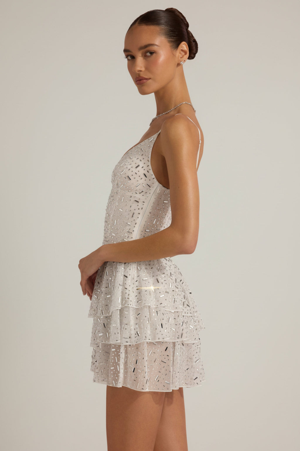 Embellished Ruffled Tiered Mini Dress in White