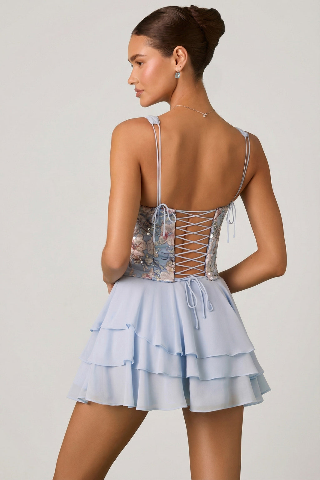 Embellished Ruffled Corset Mini Dress in Floral Blue