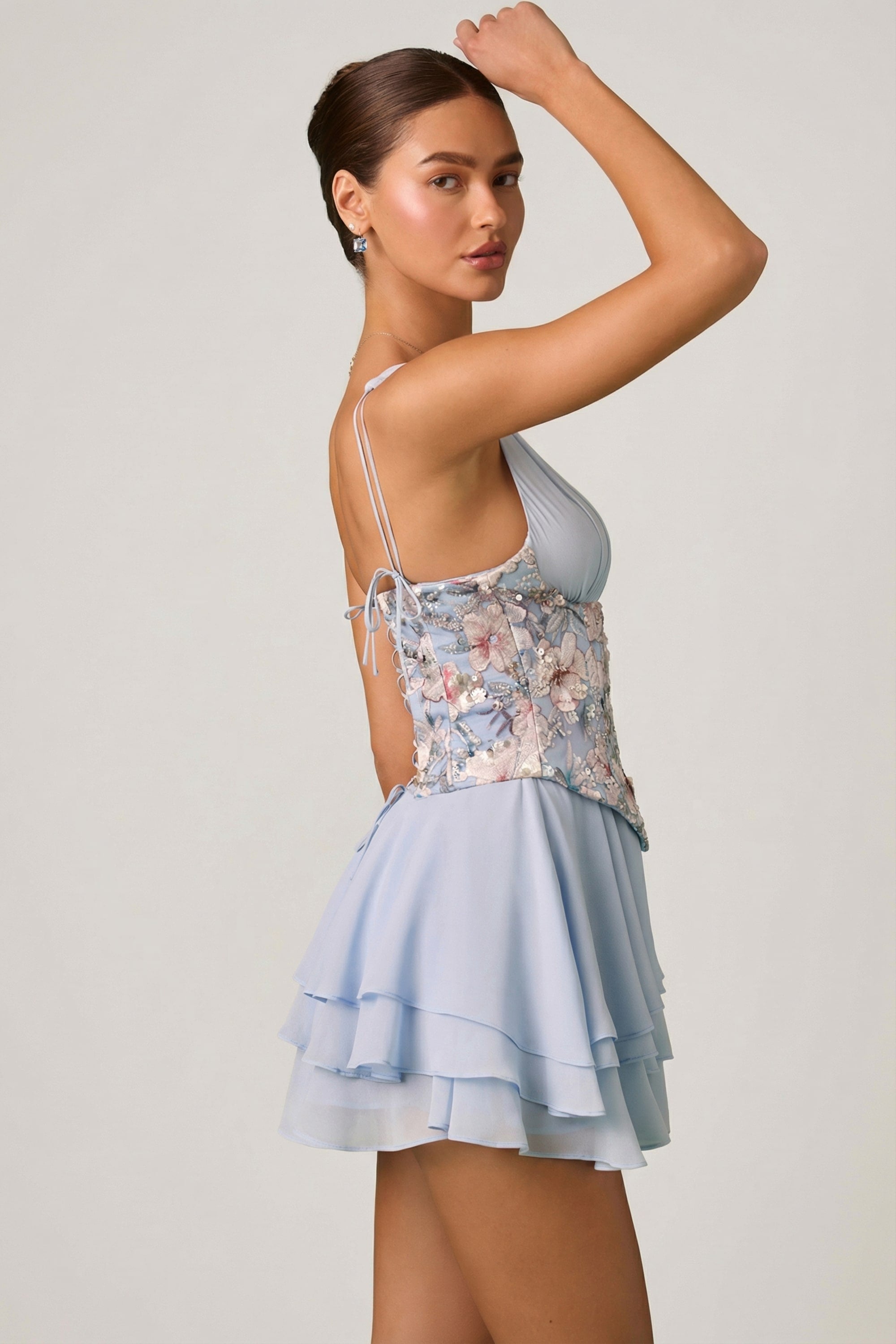 Embellished Ruffled Corset Mini Dress in Floral Blue