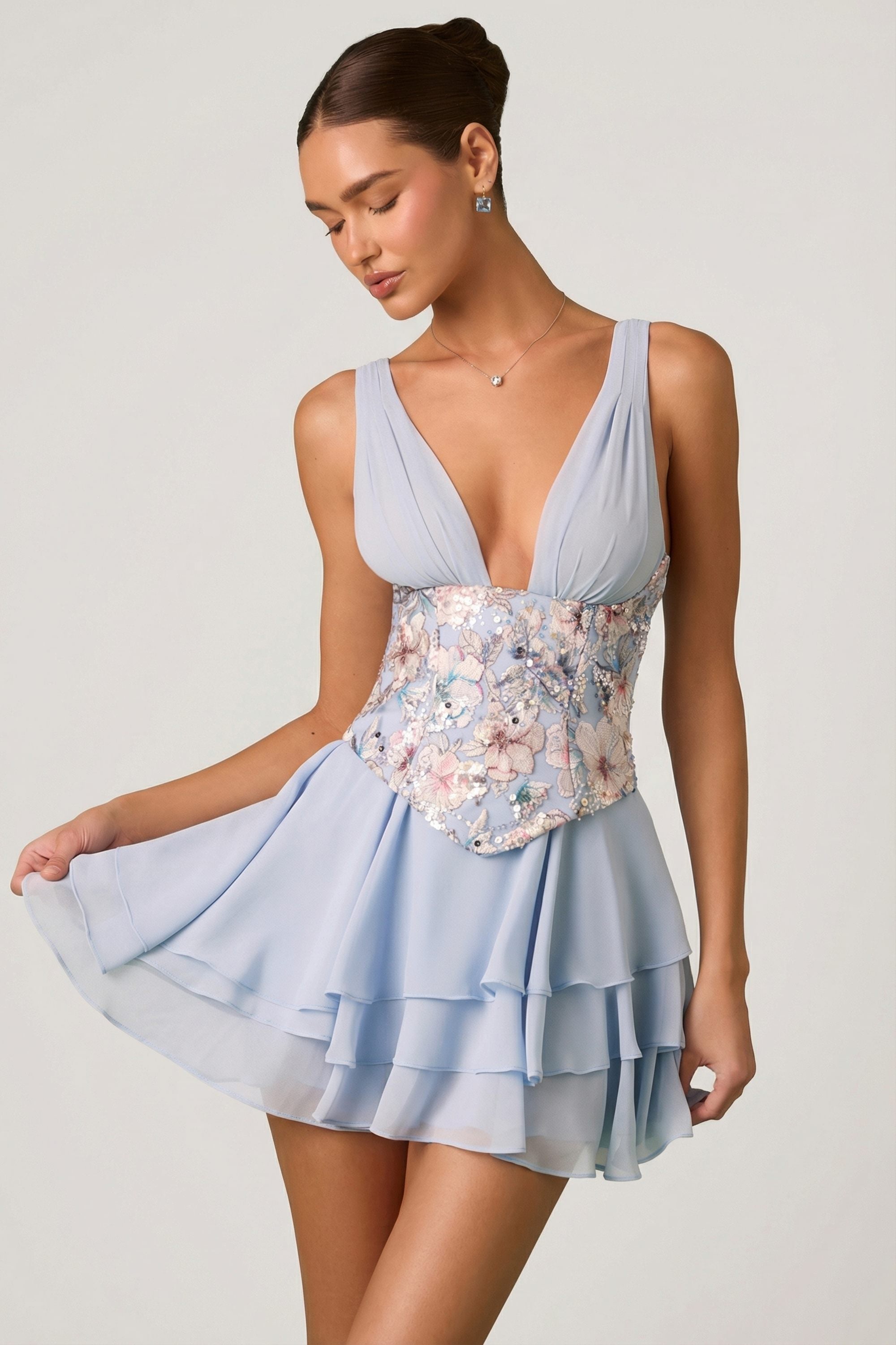 Embellished Ruffled Corset Mini Dress in Floral Blue