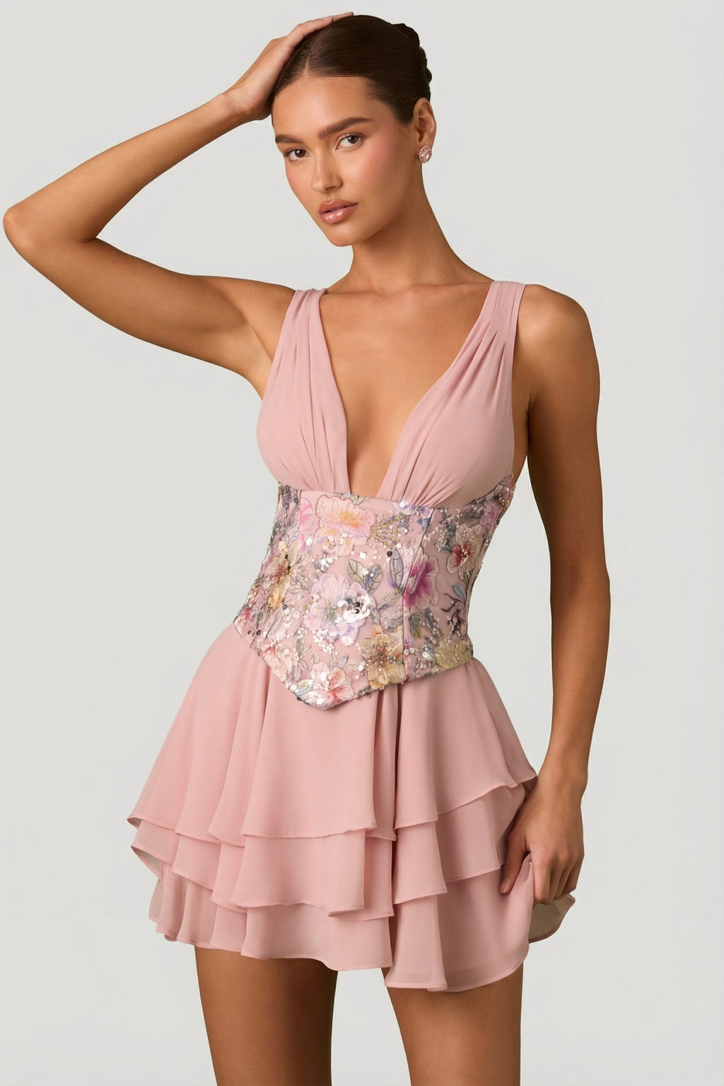 Embellished Ruffled Corset Mini Dress in Floral Pink