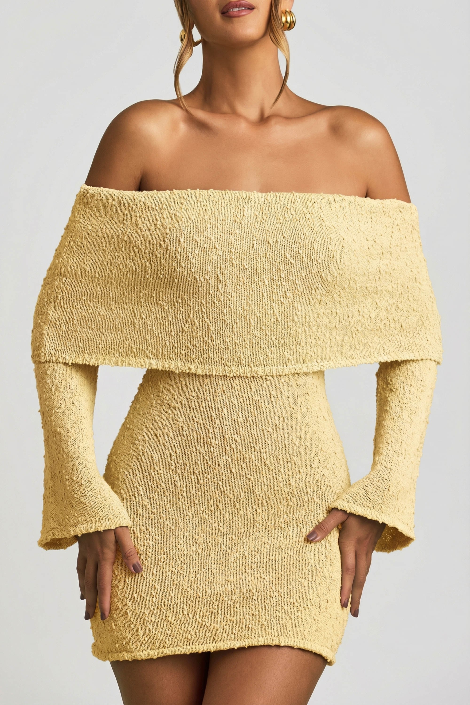 Bouclé Off-Shoulder Mini Dress in Yellow