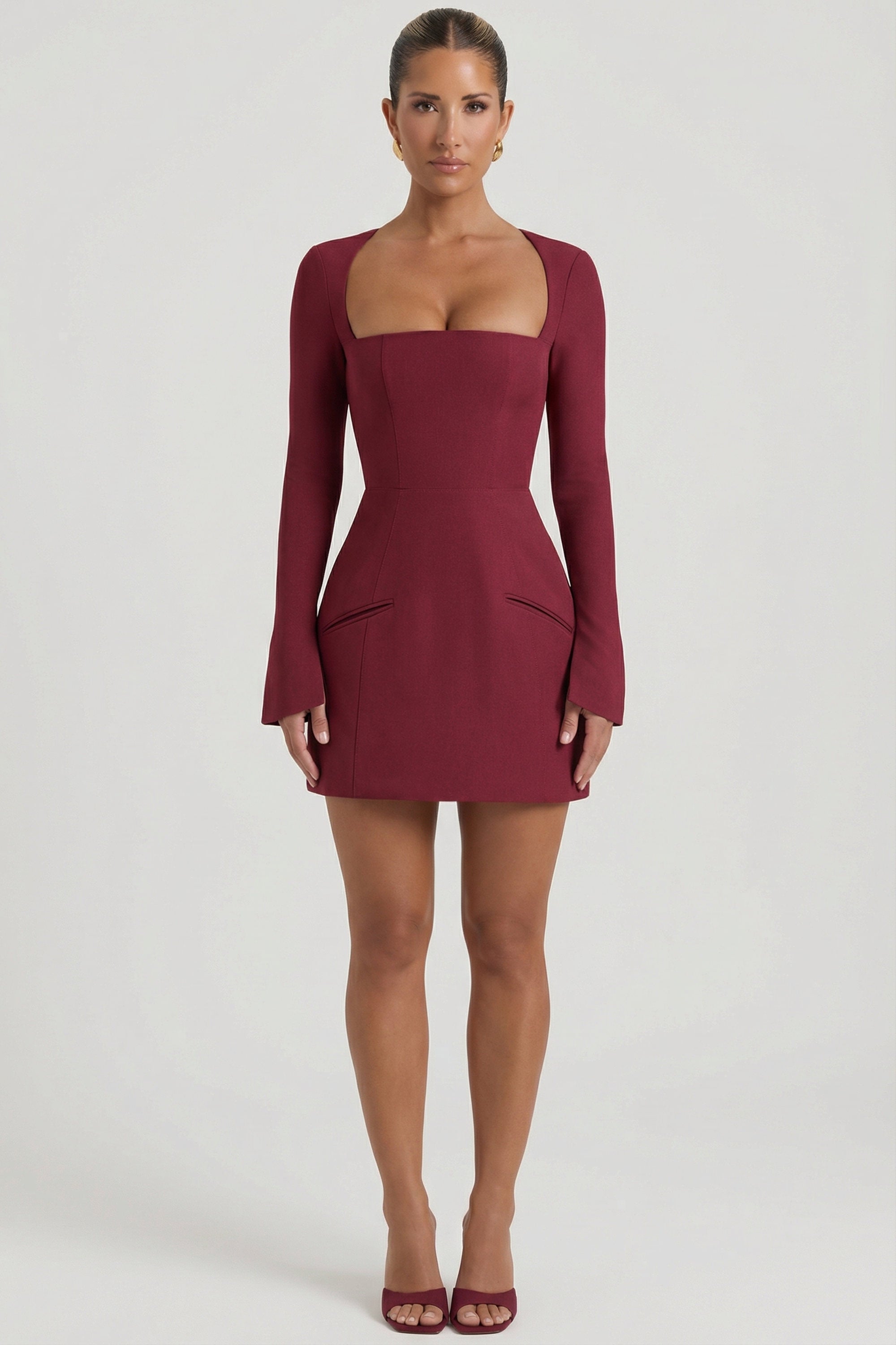 Square-Neck Structured Tulip Mini Dress in Wine Red
