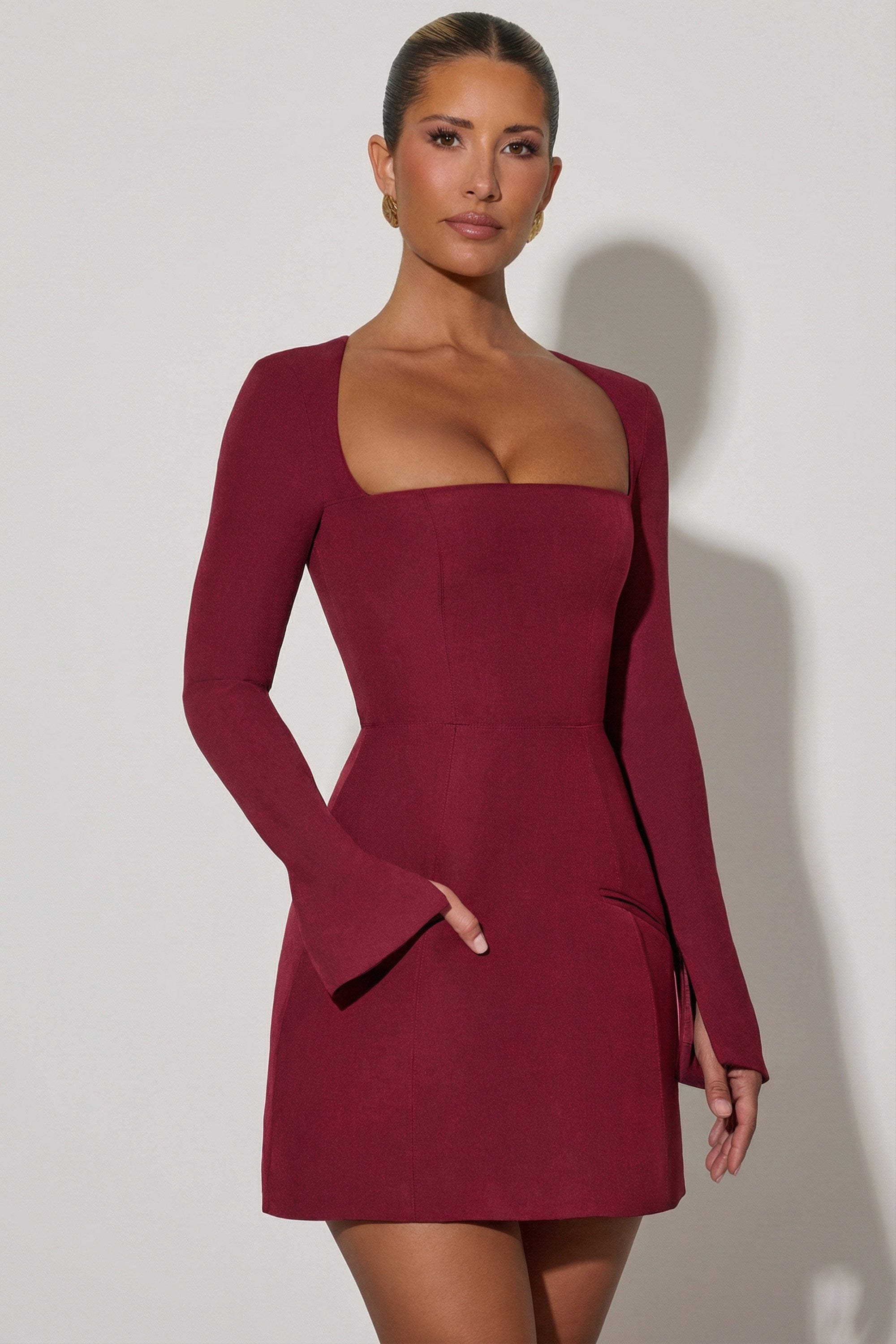 Square-Neck Structured Tulip Mini Dress in Wine Red