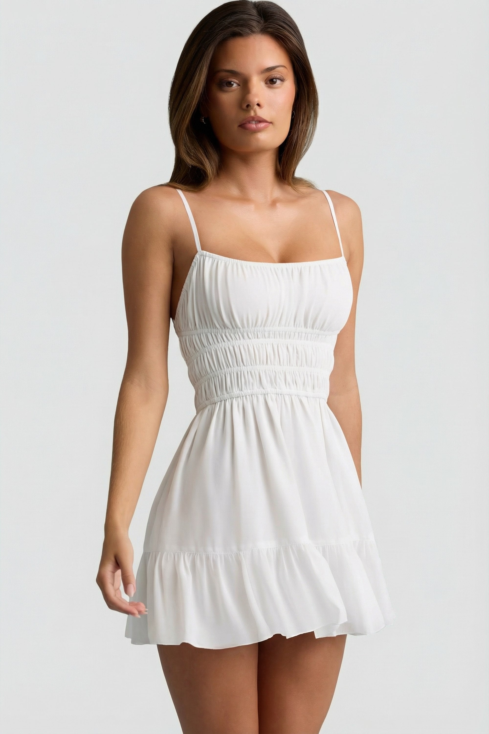 Shirred Camisole Mini Dress in White