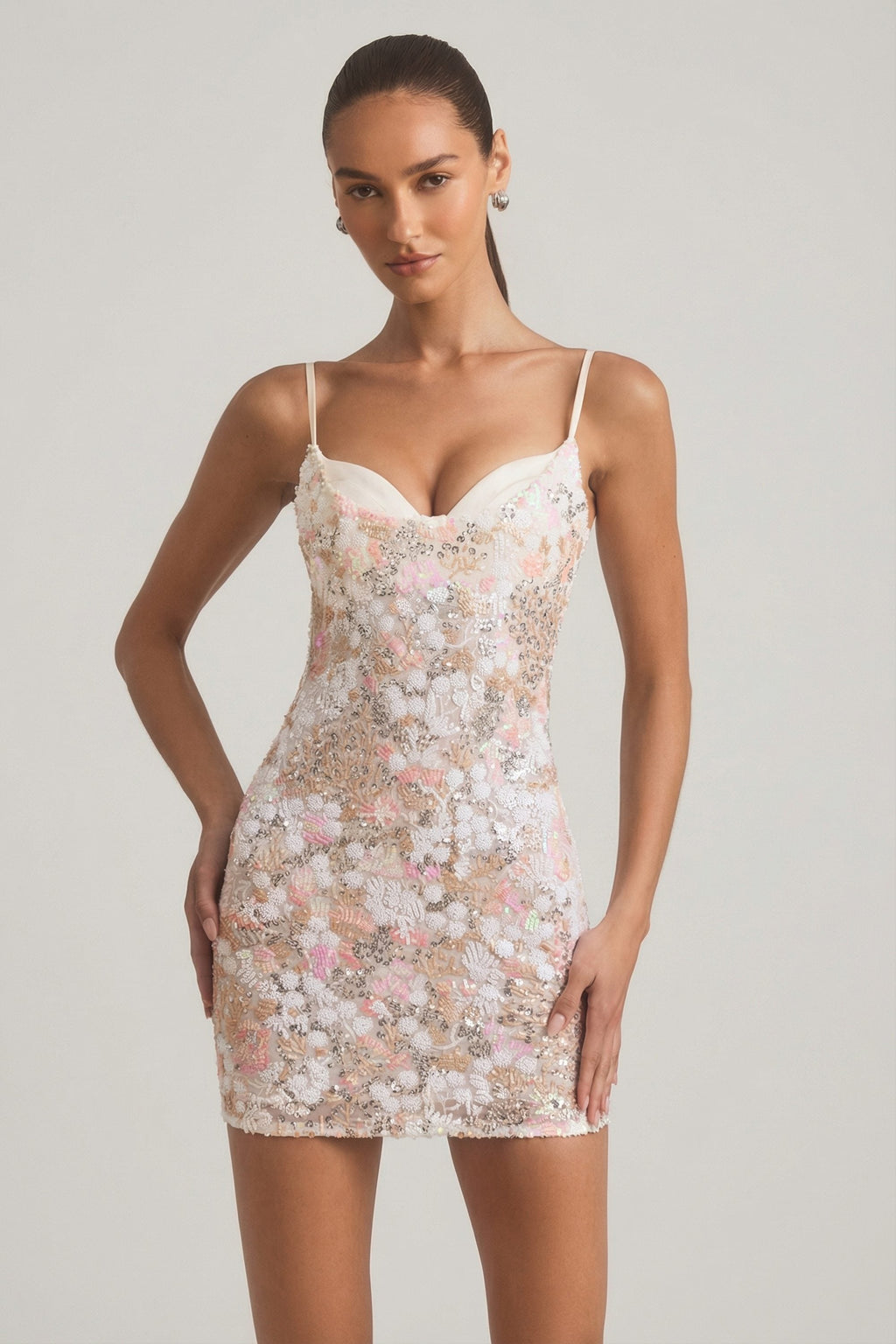 Embellished Camisole Bodycon Mini Dress in Ivory